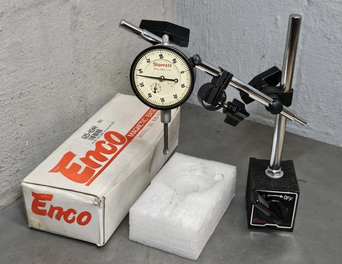 Starrett No. 25-441  1" dial indicator with an Enco magnetic base No. 625-0340
