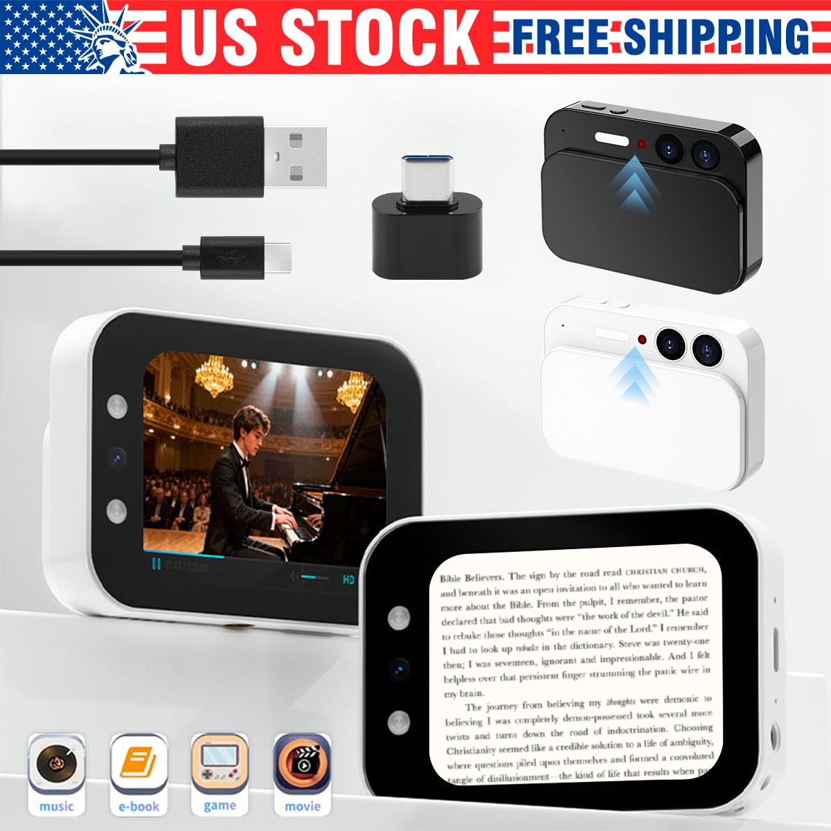 4K 64MP CCD Camera 3 Lens Touch Screen Autofocus 3600mAh 128GB Card White Black