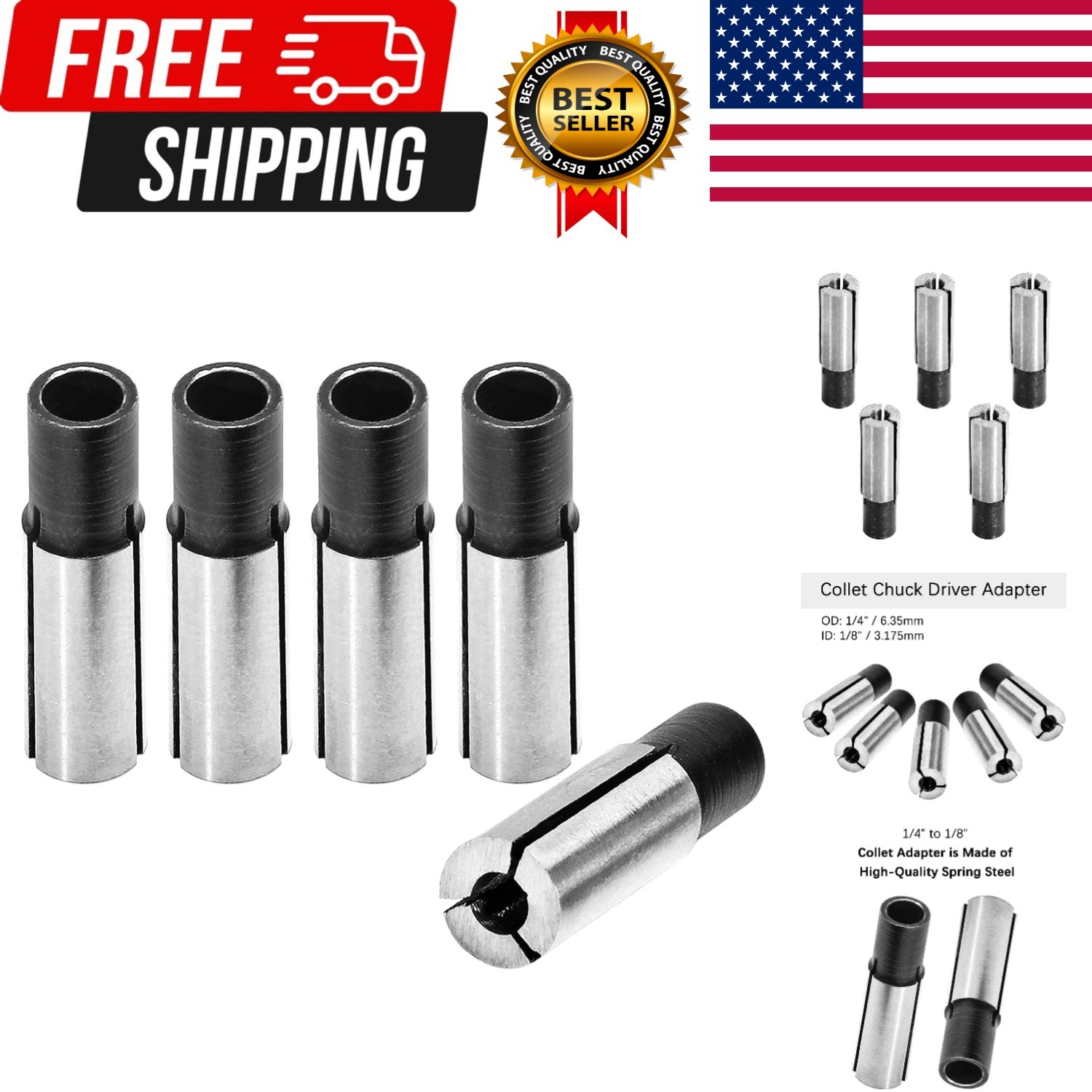 5Pcs 1/4" to 1/8" Collet Chuck Driver Adapter, CNC Engraving Bit Router Adapter