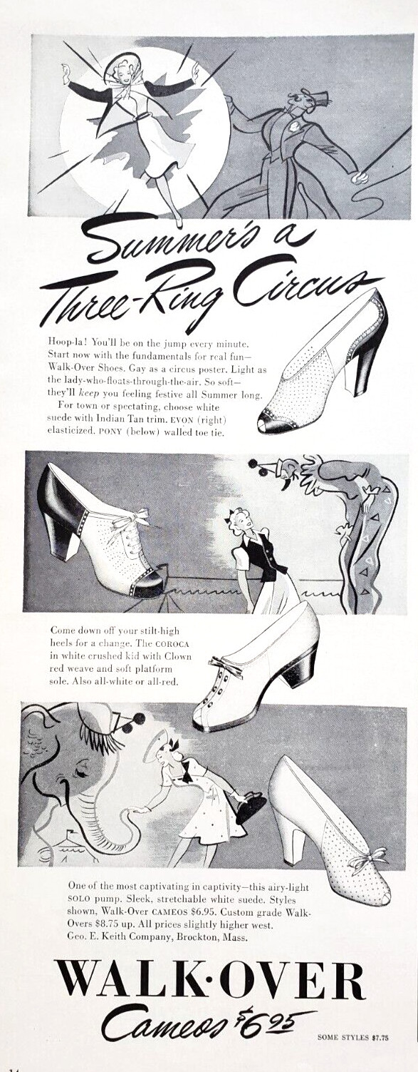 PRINT AD Walk Over Cameos Ladies Shoes 1941 5x13 Three Ring Circus Elephant Vtg