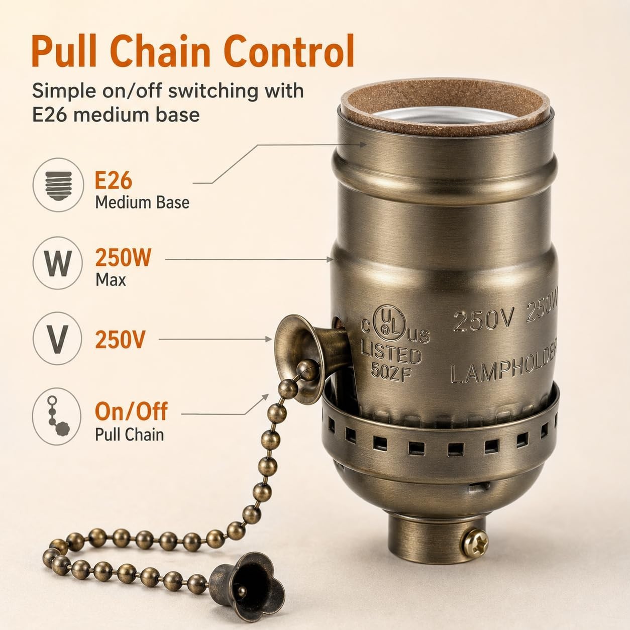 4 Pcs Pull Chain Lamp Socket Replacement, E26 Standard Threaded Base, Light Soc