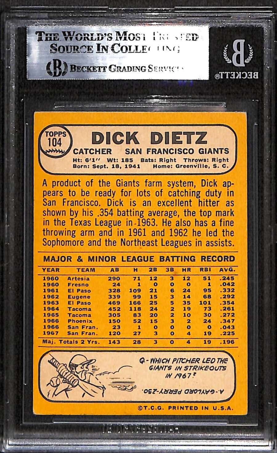 1968 Topps 104 Dick Dietz BGS Auto Autographed BAS Authentic C100491