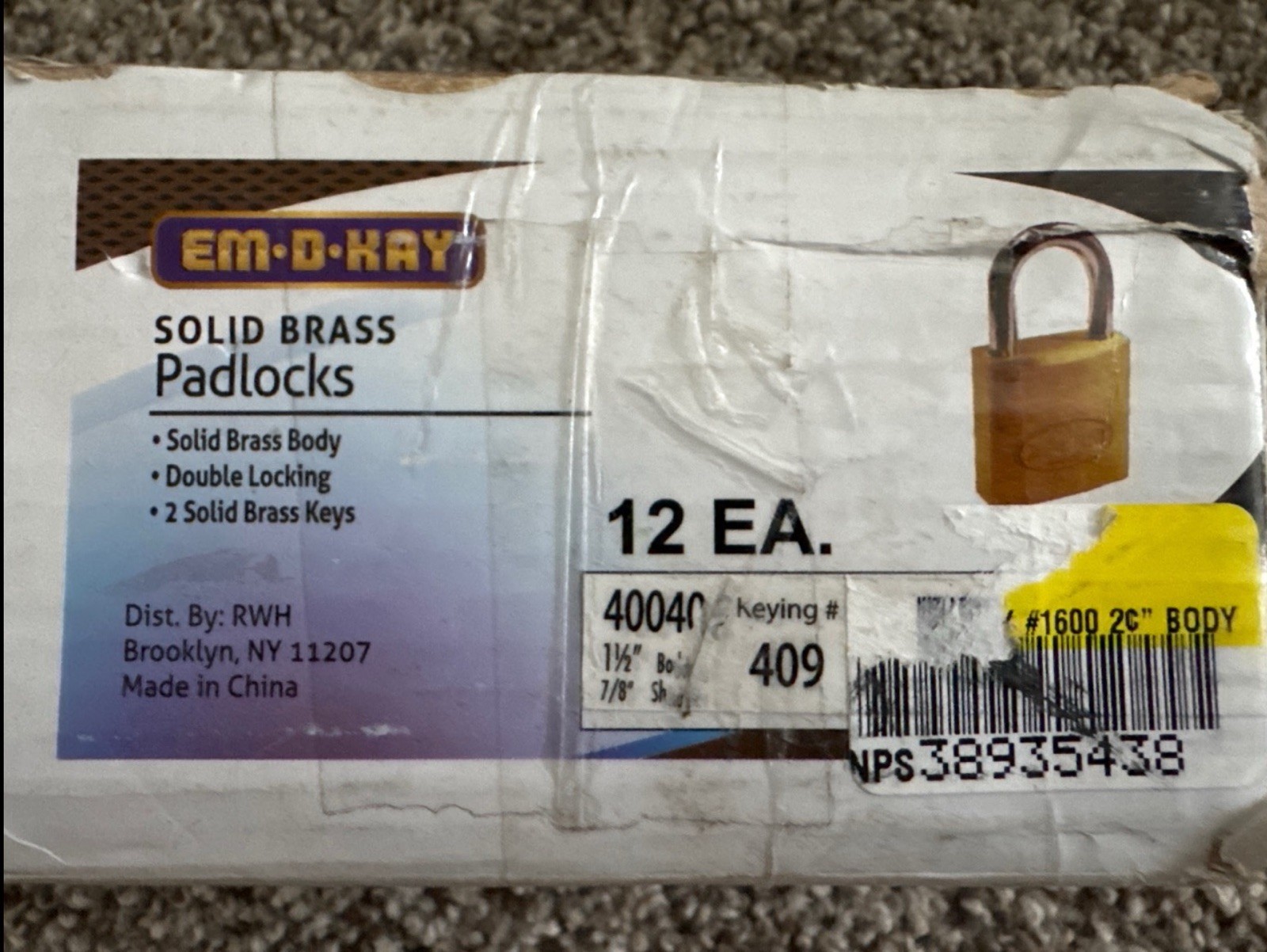 EM-D-KAY SOLID BRASS PADLOCK 1 1/2" BODY 7/8" SHACKLE KEYED TO 409