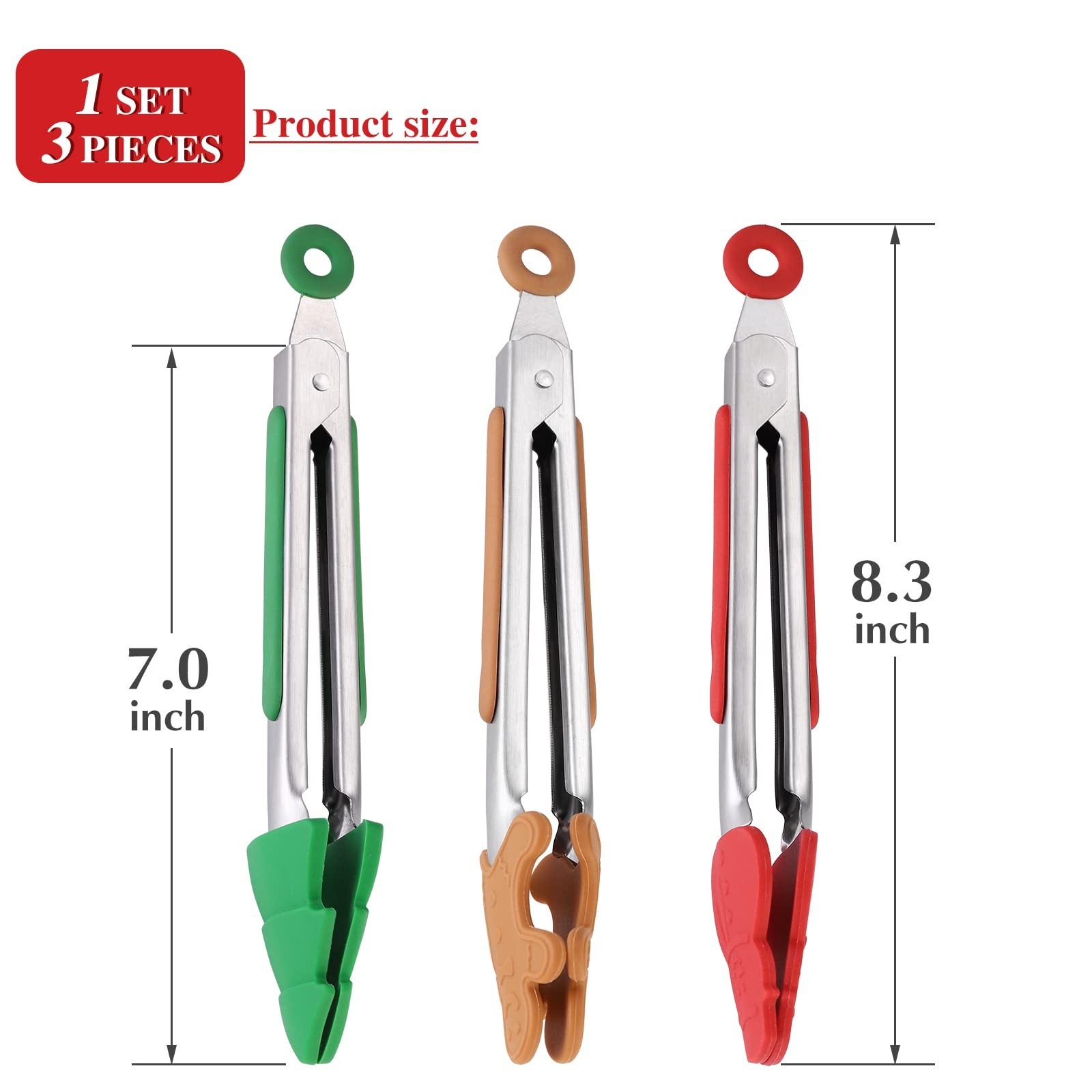 3-Piece Christmas Silicone Mini Tongs Set, 7-Inch Small Style Tongs for Cooki...