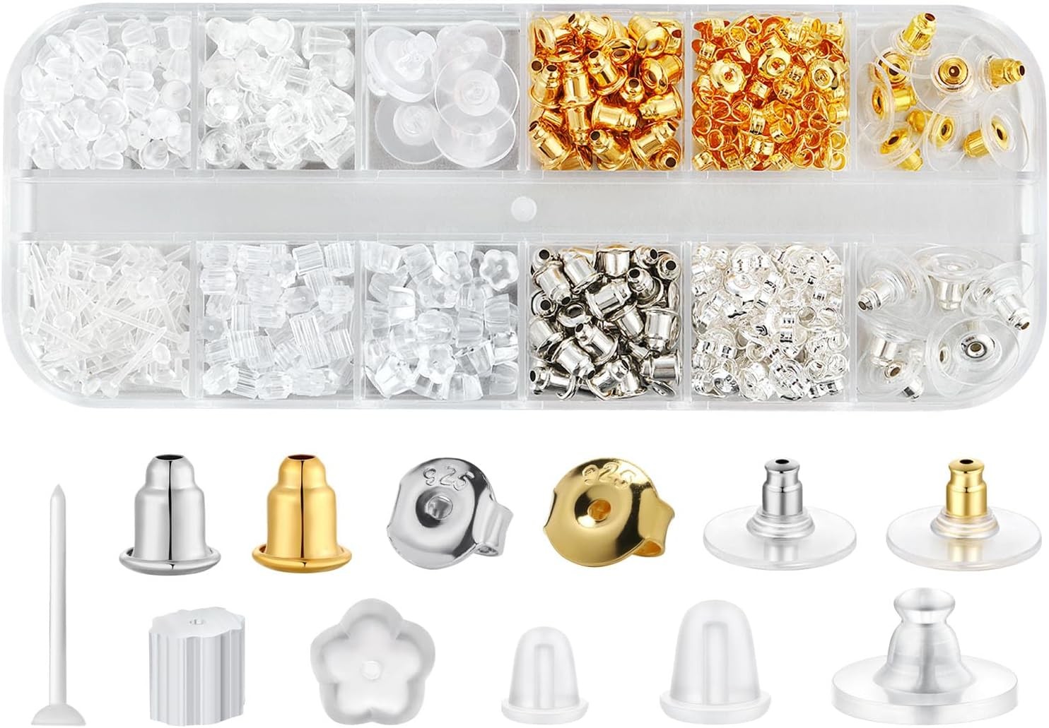 12 Styles 600 Pcs Earring Backs for Studs, Hypoallergenic Metal Rubber Silicone