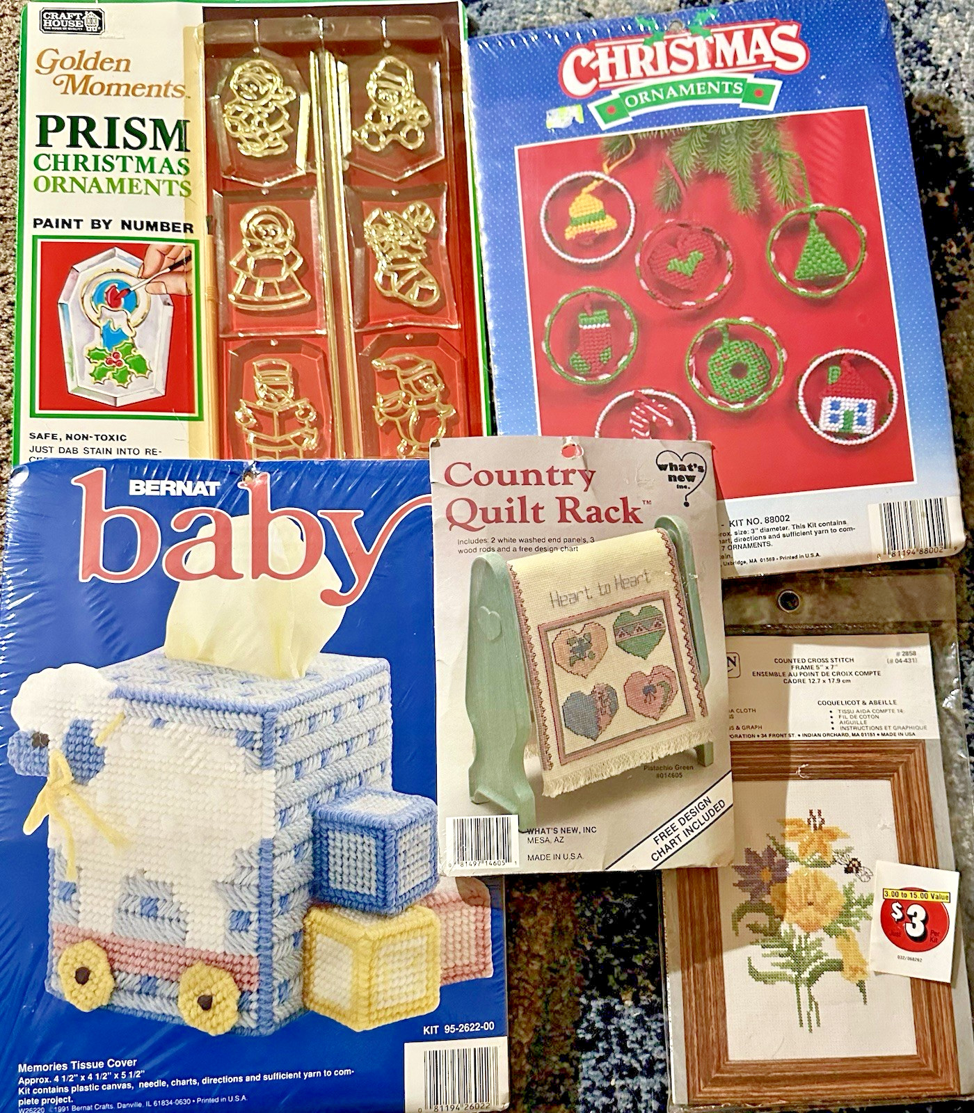 Lot Of 5 Vintage Craft Kits 80’s-90’s, Two Christmas/Cross Stitch/Canvas Stitch