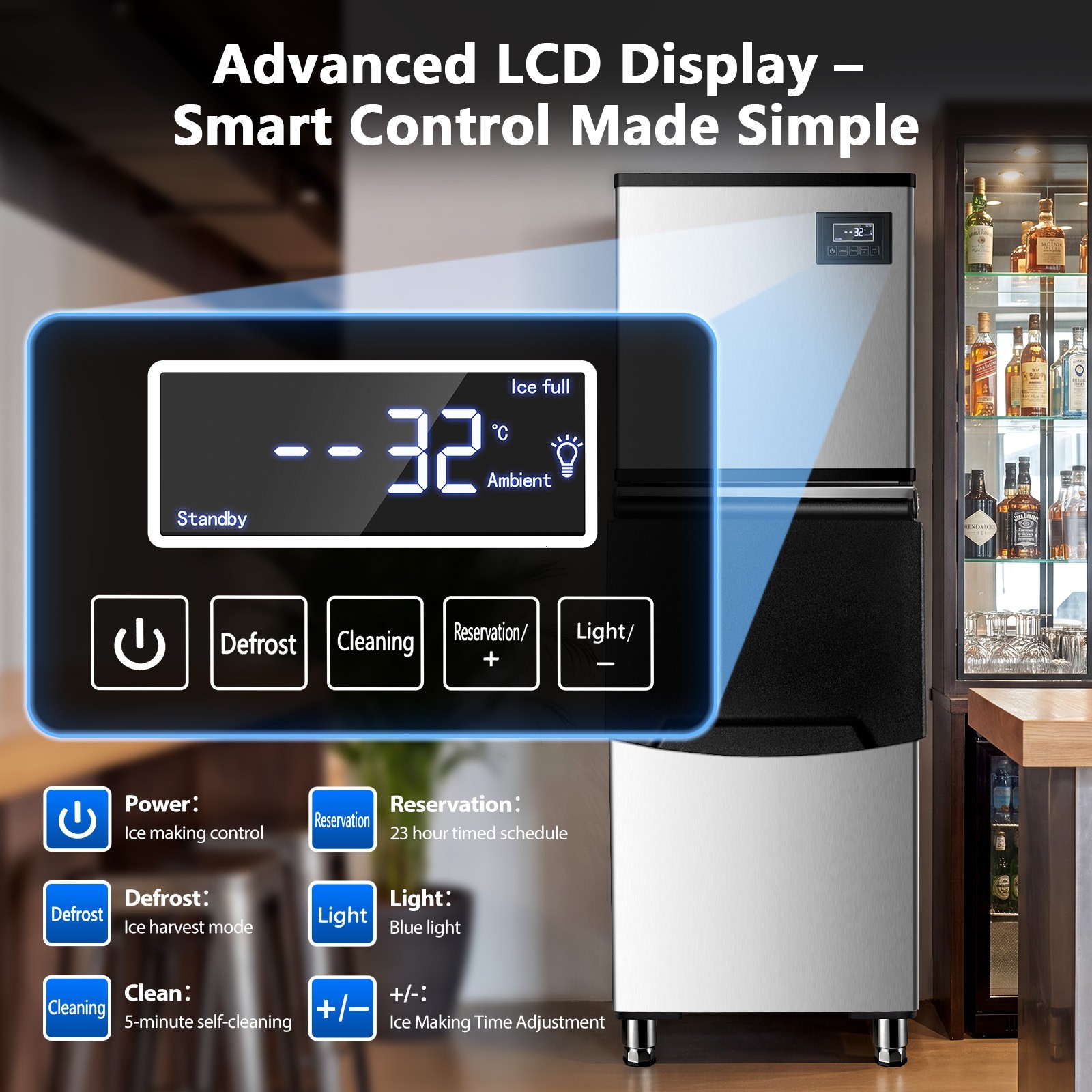 450lbs Commercial Ice Maker 250lbs Bin Capacity 156Cubes Per Cycle Control Panel