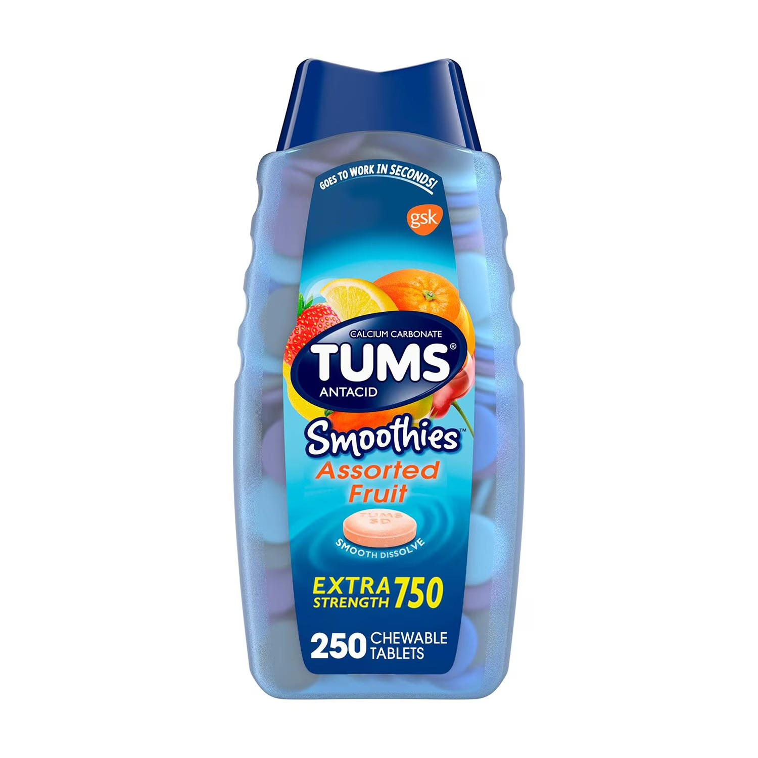 TUMS Smoothies Extra Strength 750 Antacid Assorted Fruit 250 Ct New Sealed