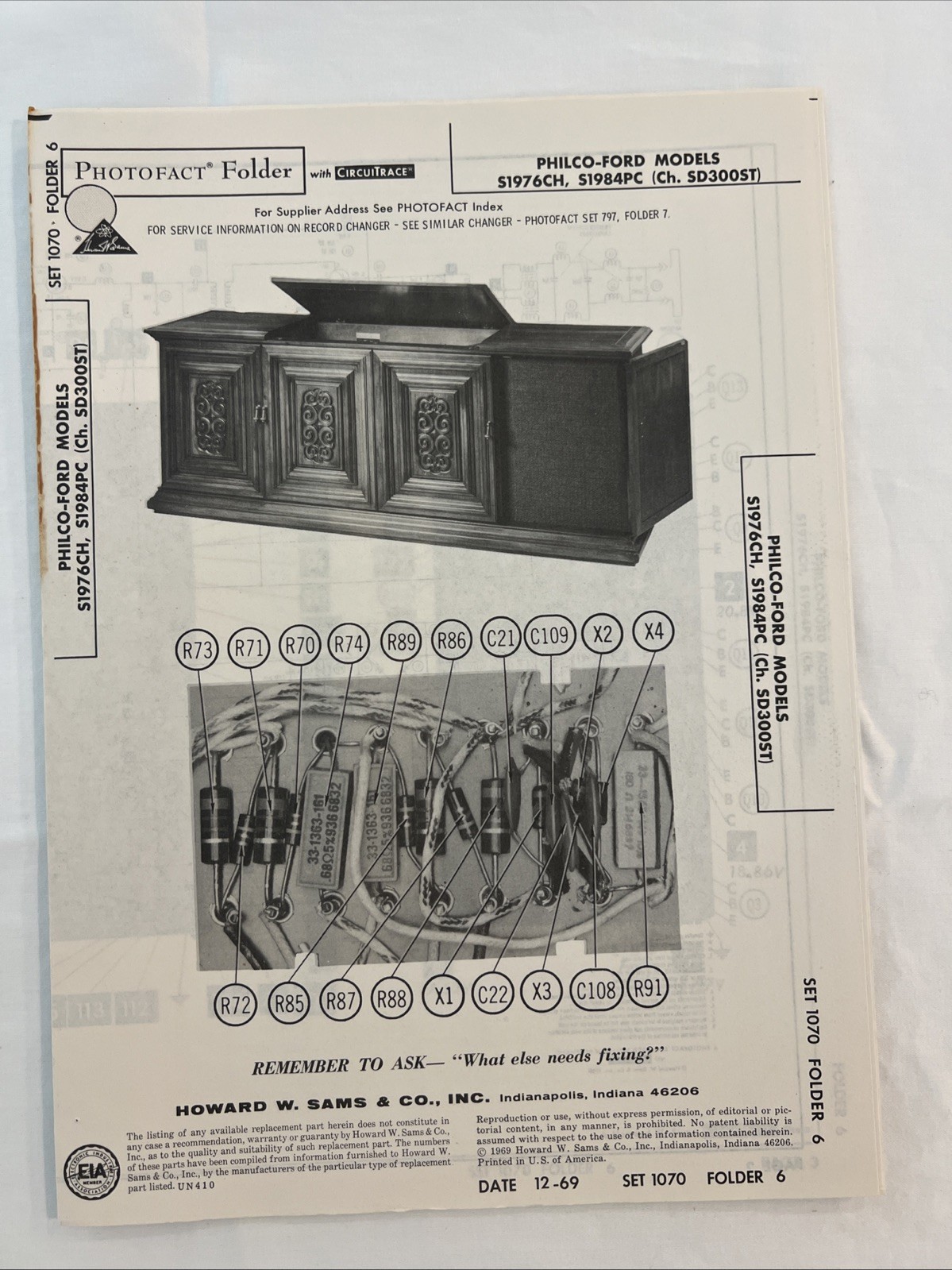 Vintage Sams Photofact Schematic 12-1969 PHILCO-FORD MODELS S1976CH, S1984PC