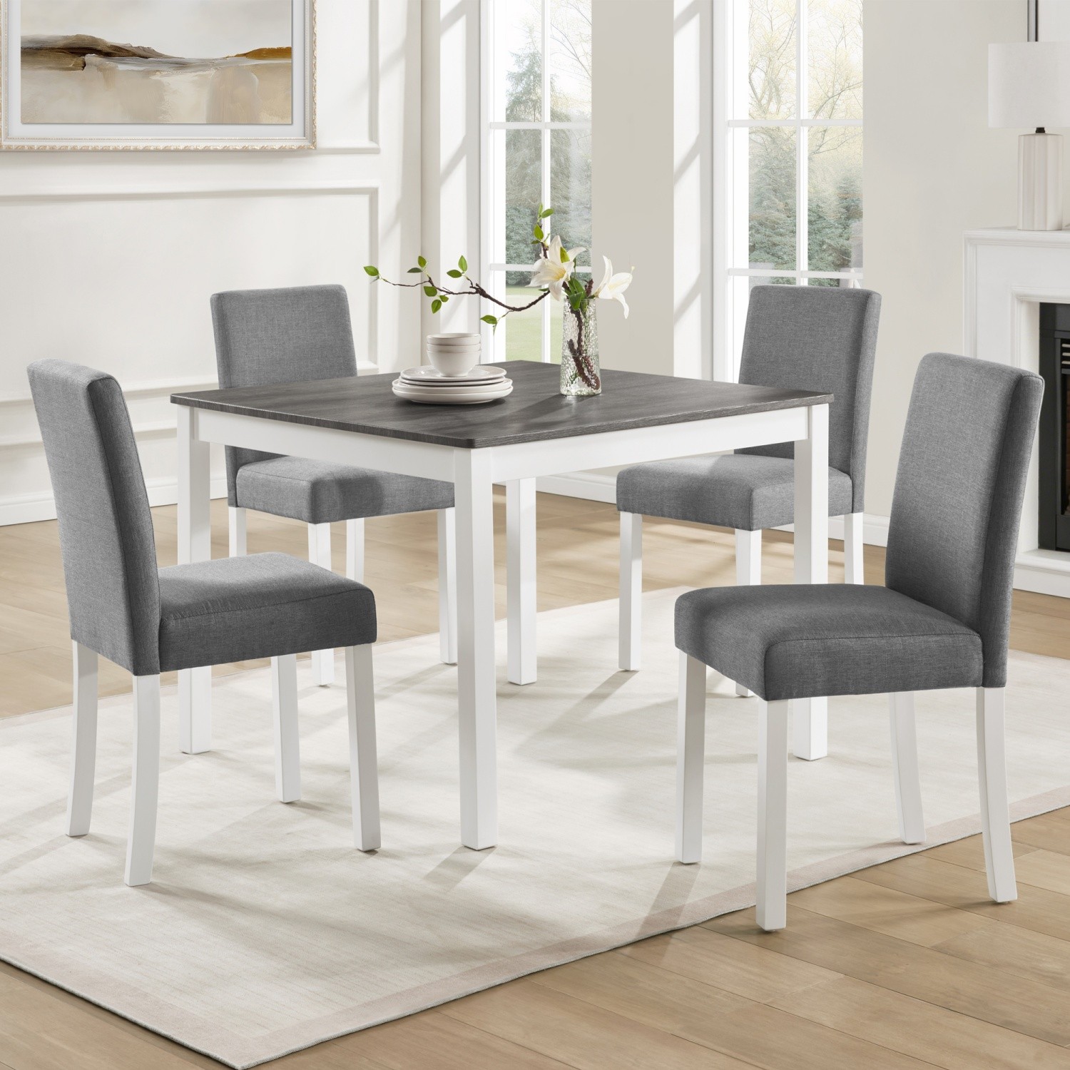 5 Piece Square Wooden Dining Table Set w/ 4 Linen Upholstered Chair for Kitchen