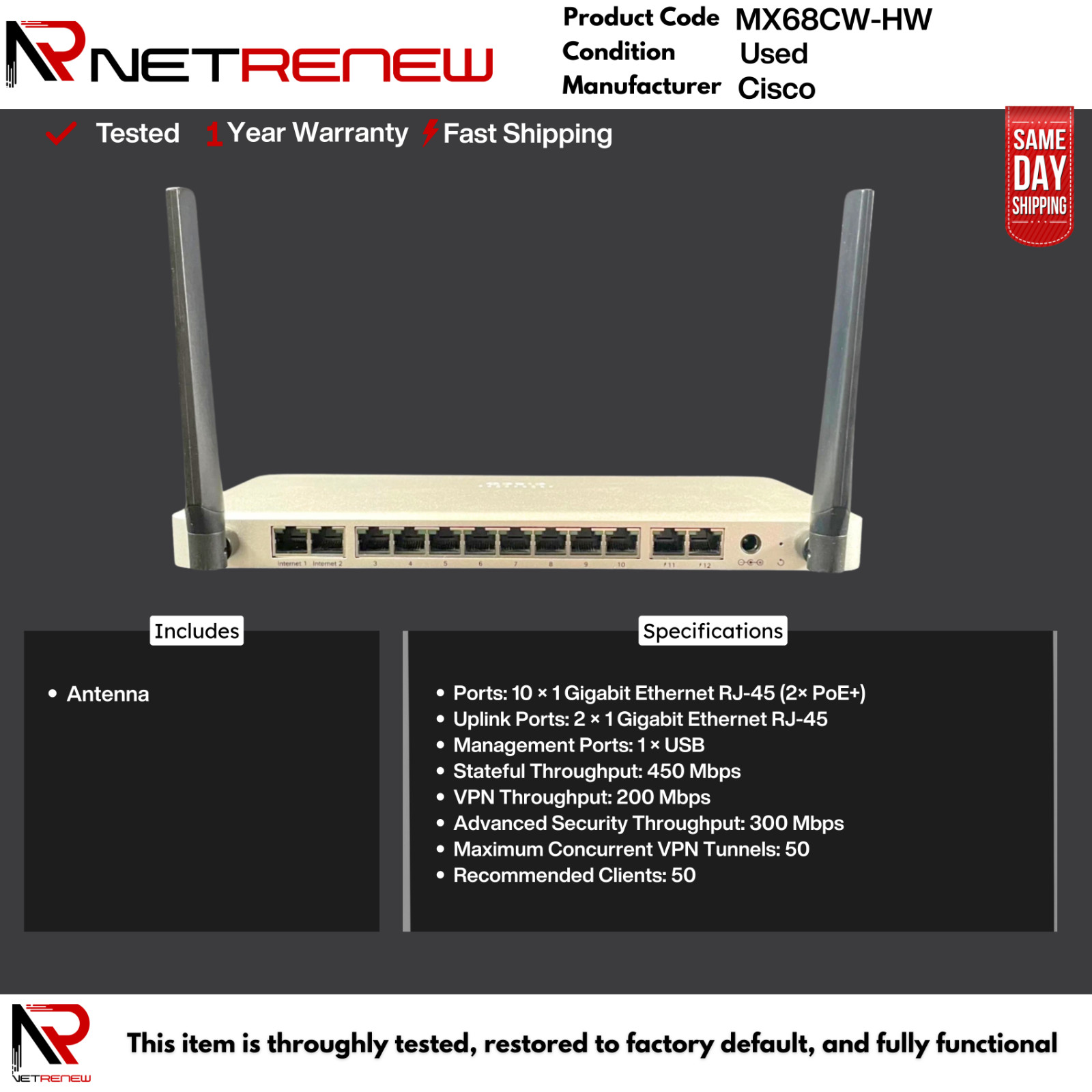 Meraki MX68CW-HW Cisco  Cloud Security Appliance Firewall w/ Power Adapter