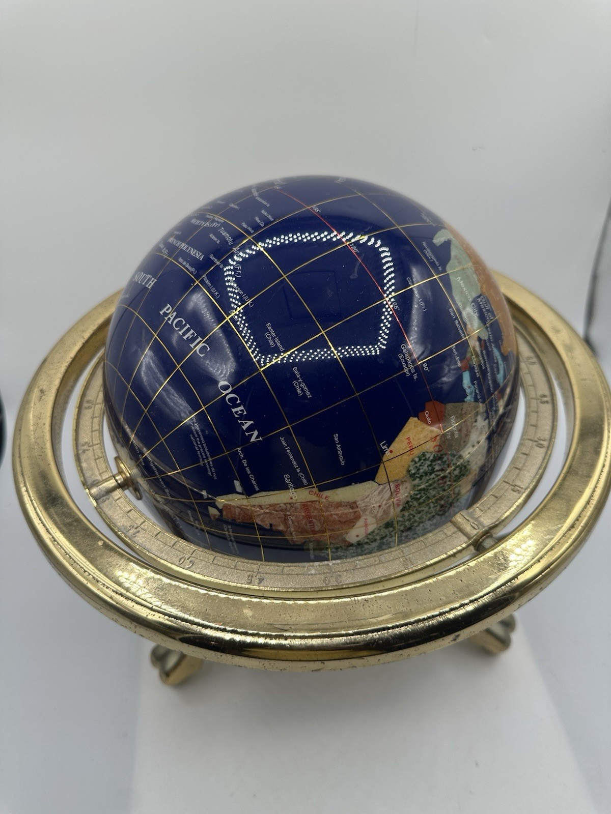Classic Treasures Hand Laid Gemstone Table Top Globe Gold Stand Compass 13” Tall