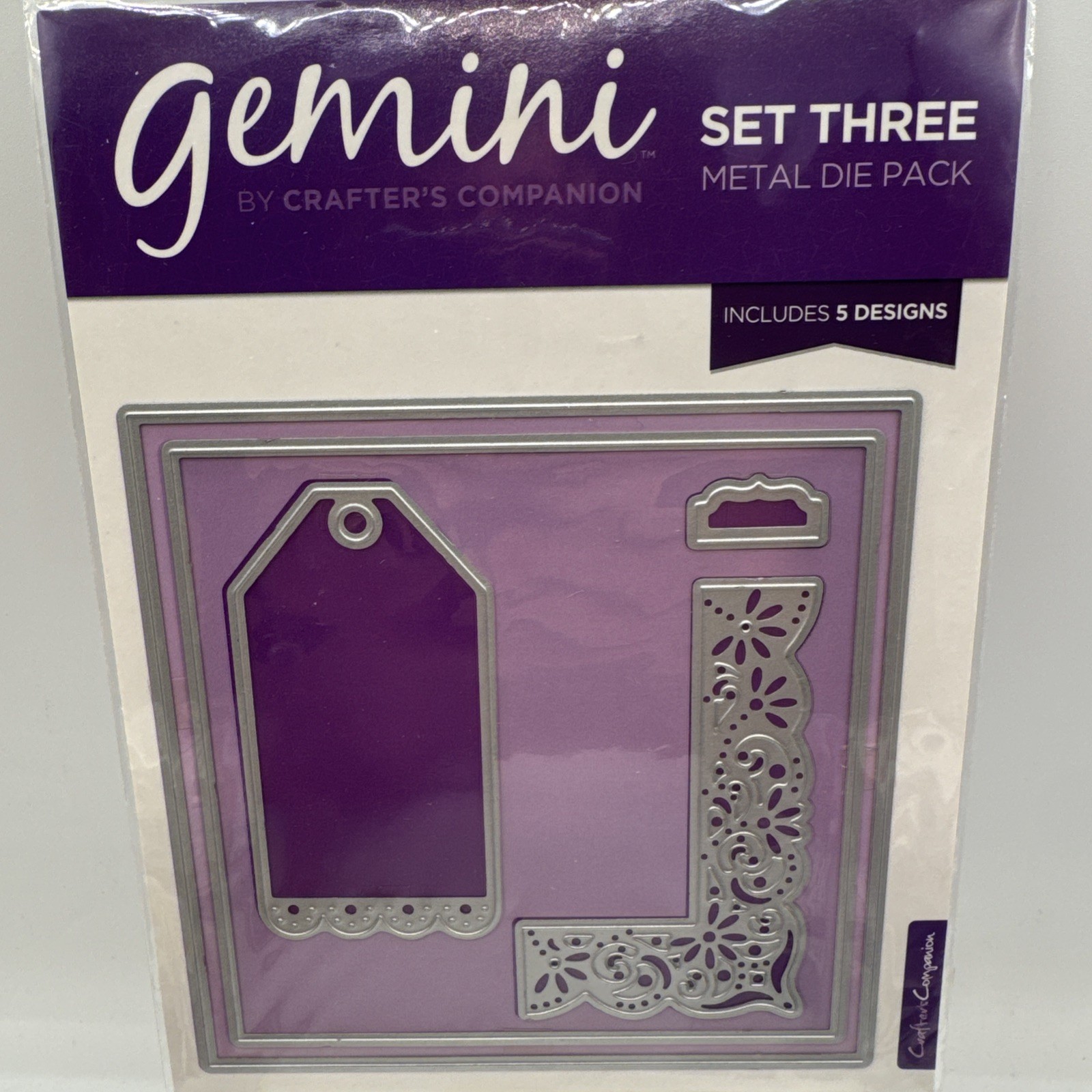 Gemini Crafter’s Companion Set Three Metal Die Pack 5pc Frame Tag Corner New