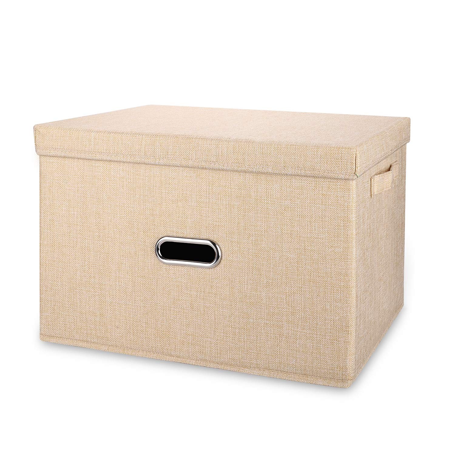 Linen Fabric Collapsible Storage Bins with Removable Lids and Handles, Washab...