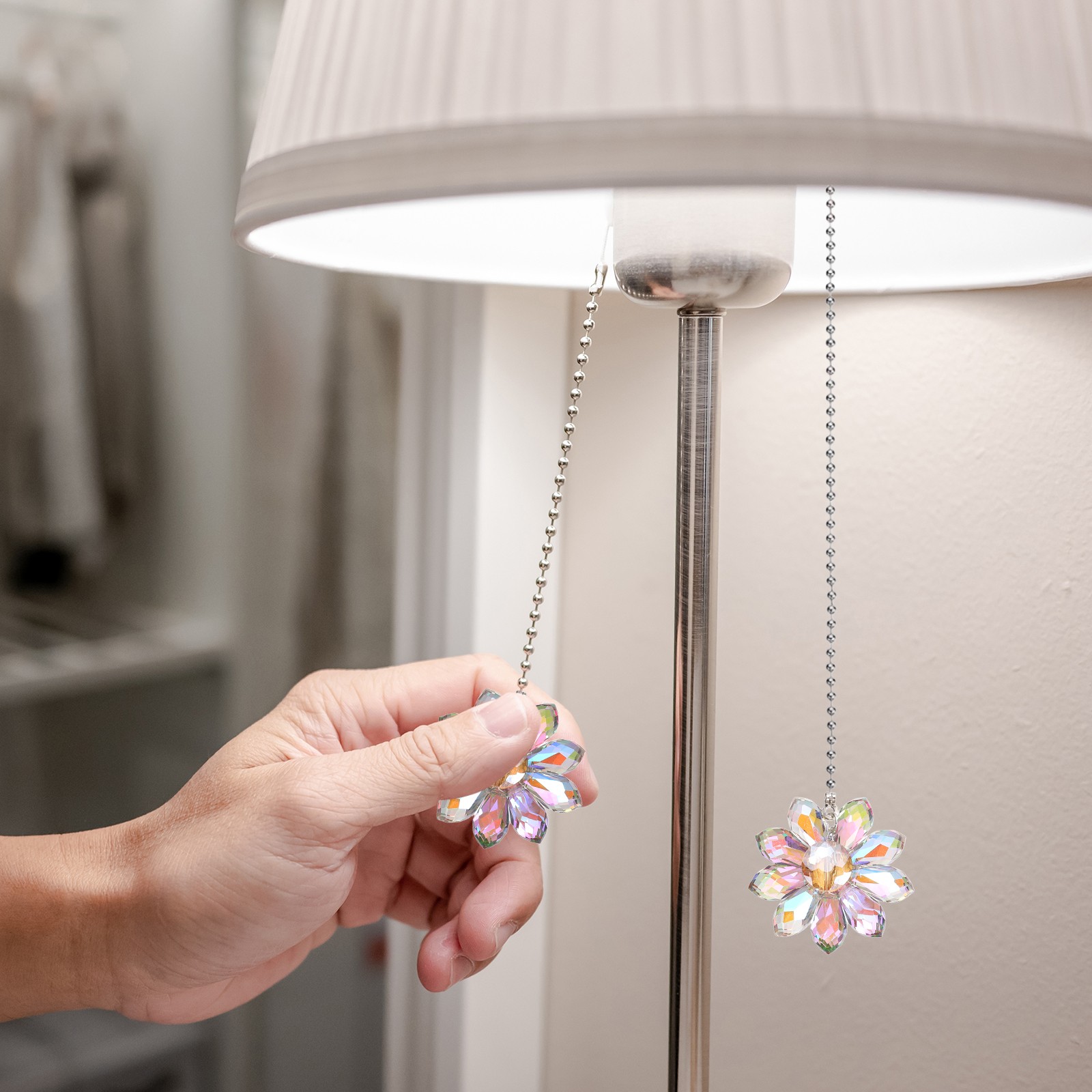 2Pcs Ceiling Fan Pull Chain, 24" Crystal Flower Pendant Chain Extender AB Color