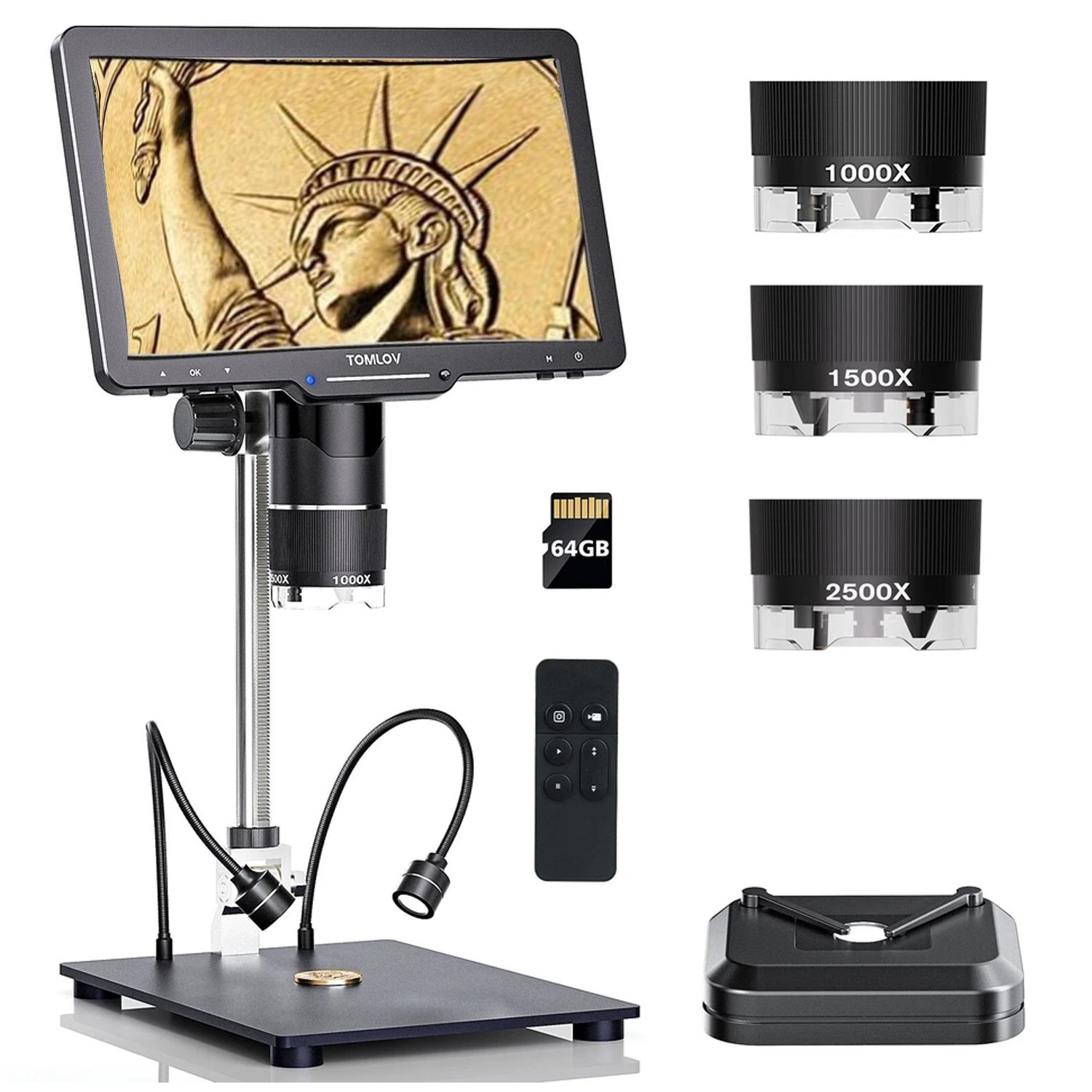 TOMLOV hdmi Coin Microscope 10" screen 2500X Digital Magnifier Soldering Camera