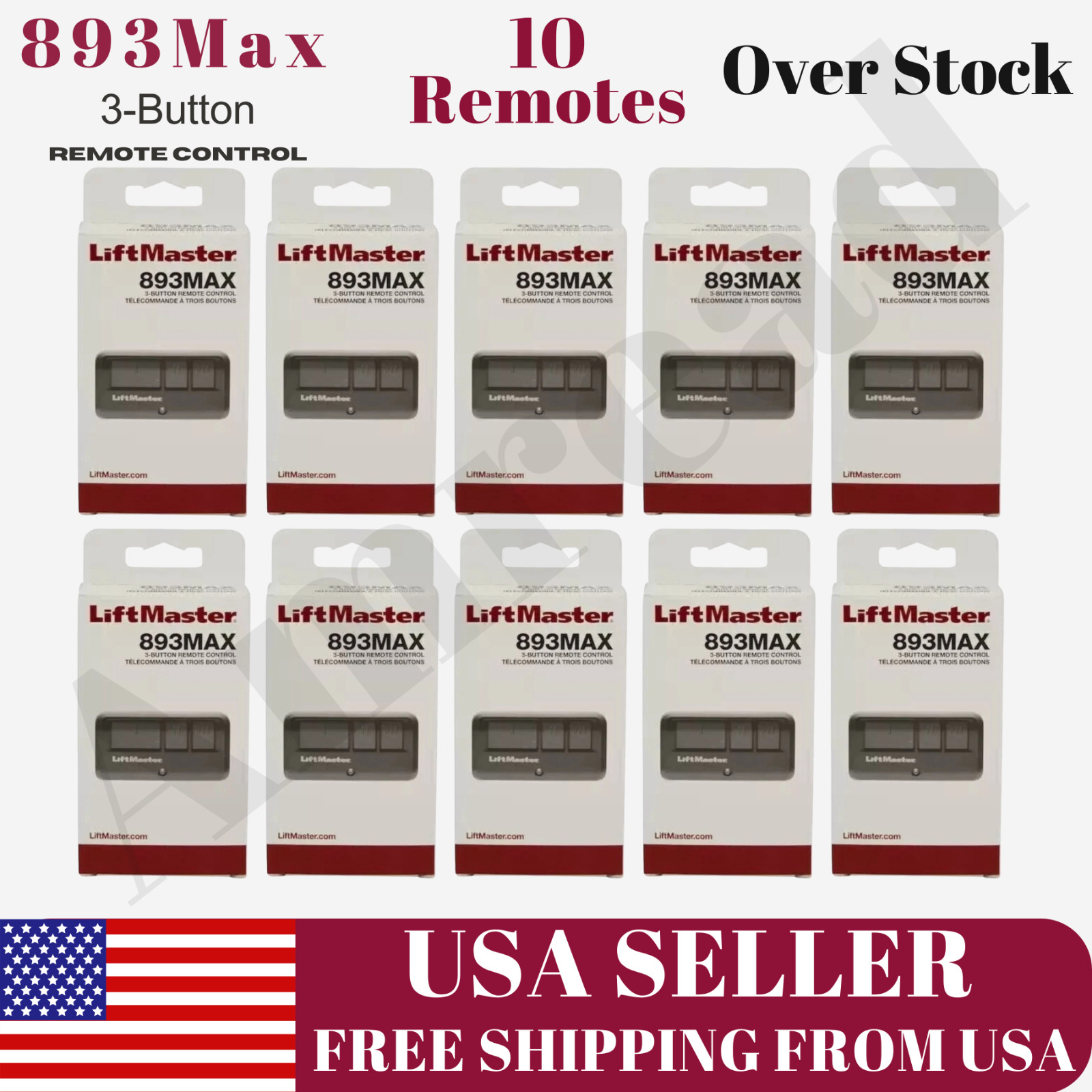 10 Pcs LiftMaster 893MAX 3-Button Garage Door Remotes Security+ 2.0 Universal