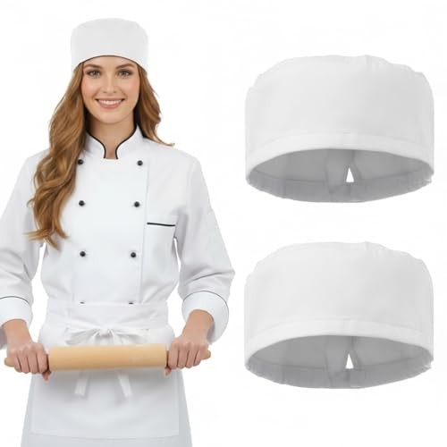 2 Pack Chef Skull Cap, Unisex Chef Hats Adjustable Kitchen Cooking Caps White