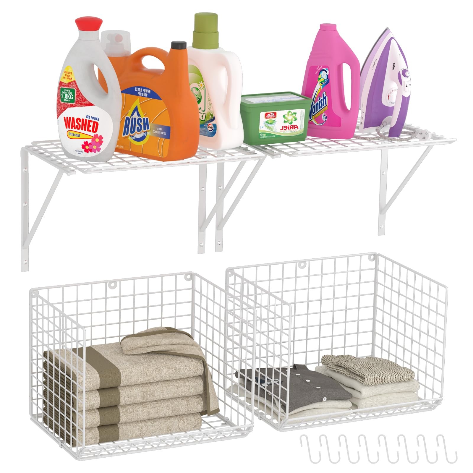 2 Pack Laundry Room Shelves Wall Mounted with Wire Baskets, Over the Washer a...