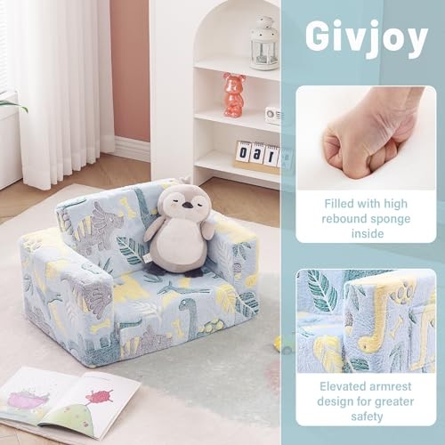 Toddler Chair Kids Couch, 2-in-1 Toddler Soft Sherpa Couch Fold Green Dinosaur