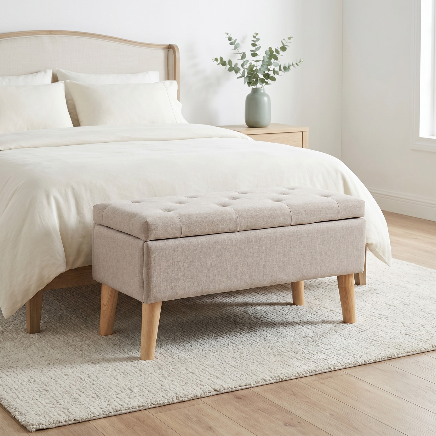 Modern Storage Ottoman Bench Linen Upholstered Footrest with Solid Wood Legs