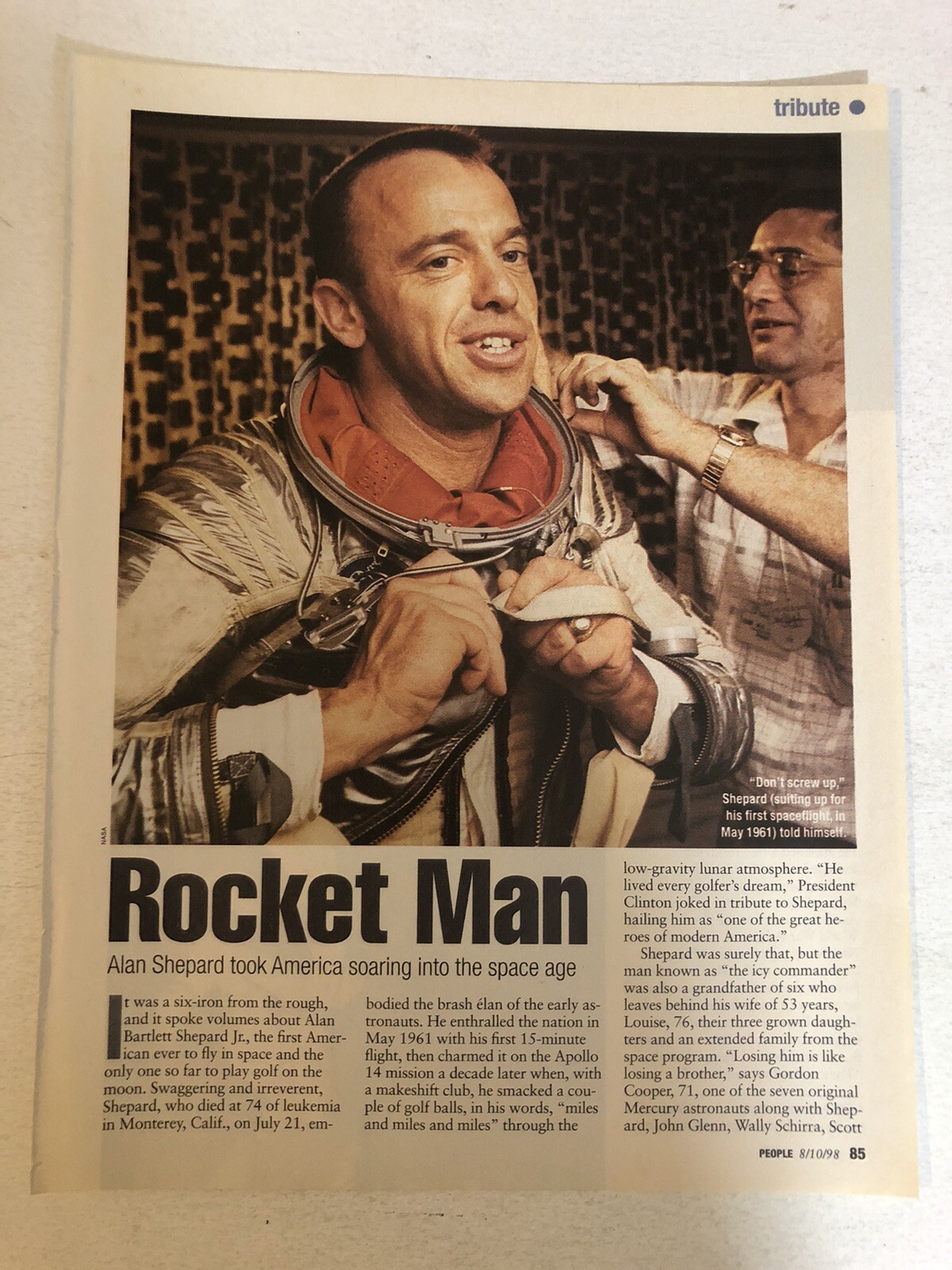 1998 Alan Shepard Rocket Man Vintage Article Ephemera  NASA clipping ART1