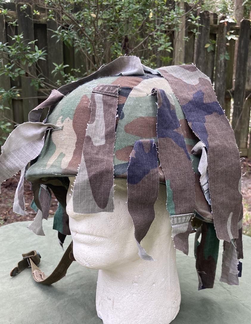 USGI Helmet Scrim Handmade from M81 Woodland  BDU’s    Repro “Manchu Hair”