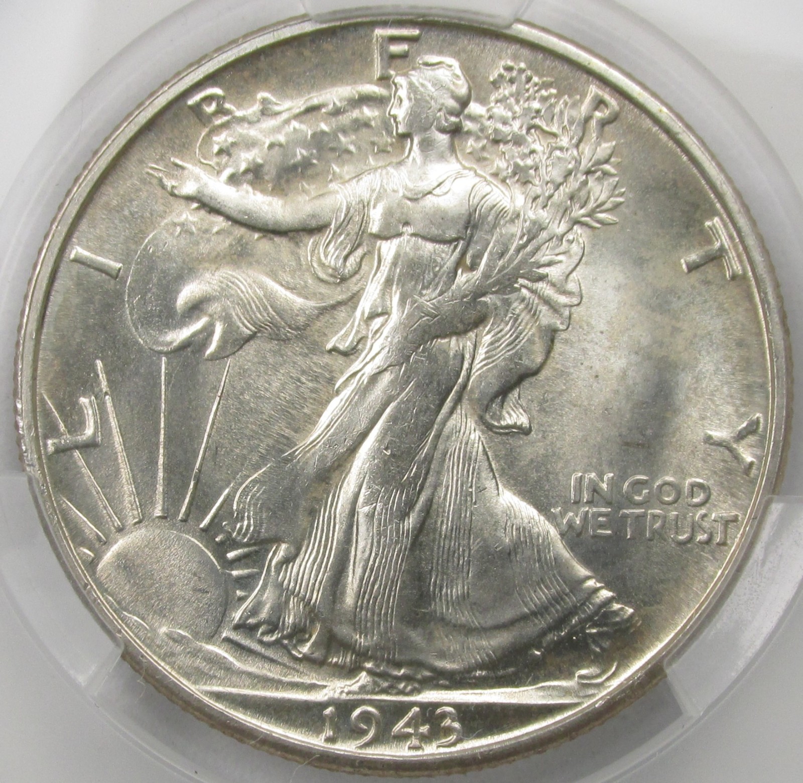 1943-S Walking Liberty Half Dollar, FS 901 Missing AW Initials, MS64 CACG