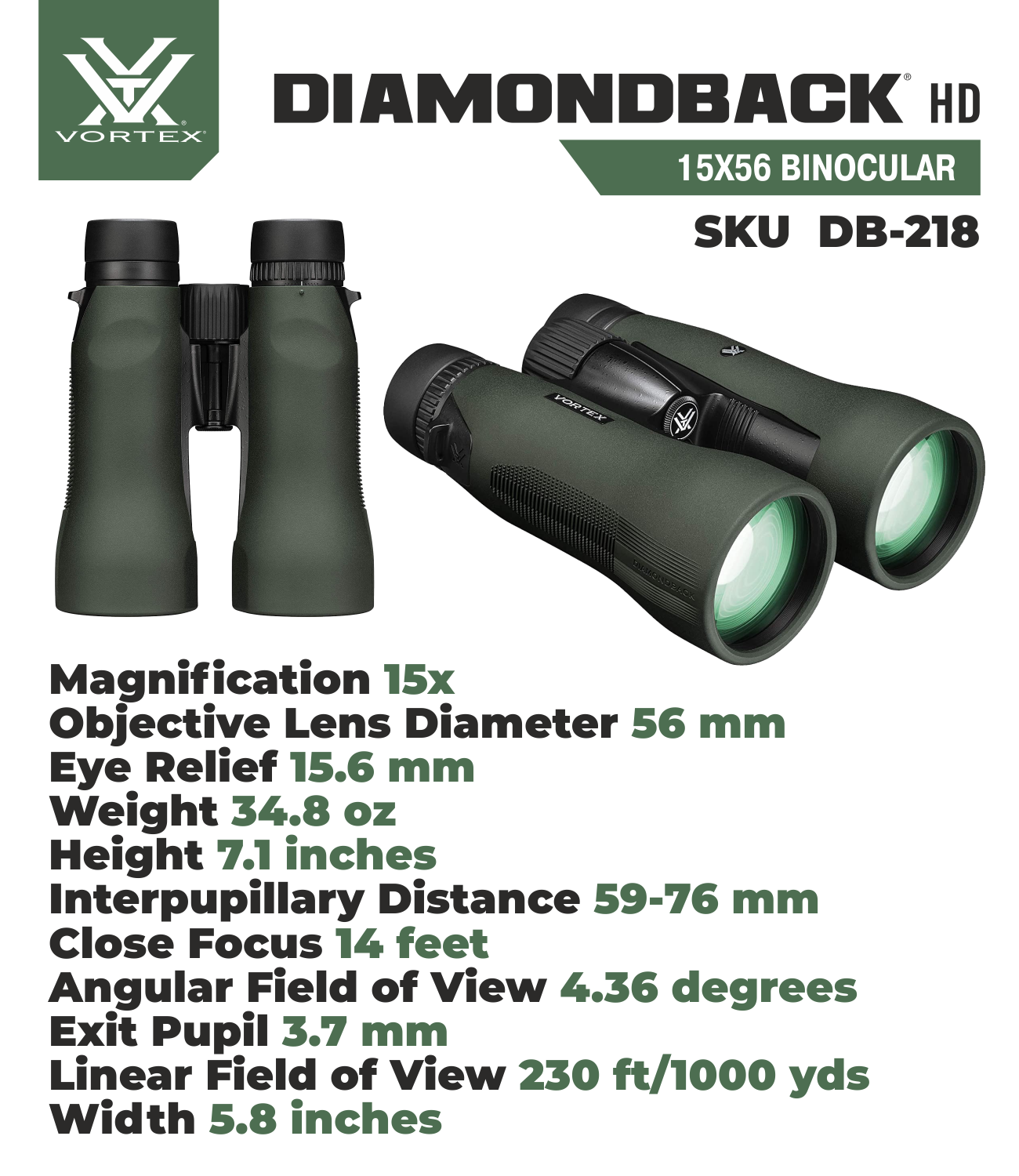 Vortex Optics DB-218 Diamondback HD 15x56 Binocular with Free Hat Bundle