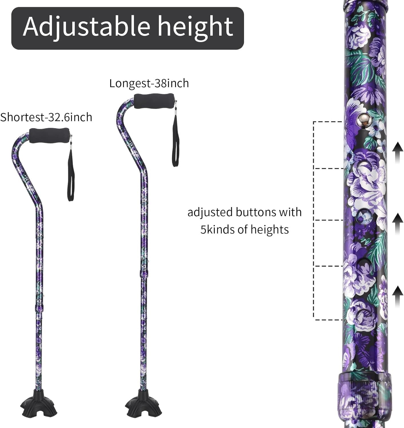 Floral Folding Walking Cane Lightweight Adjustable Stability NonSlip Base