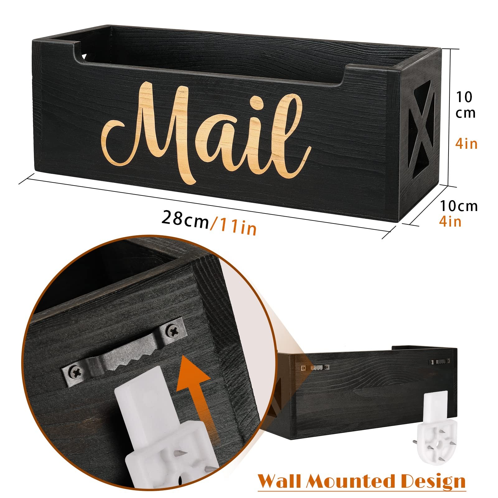 Mail Organizer Mail Holder Countertop, Rustic Wooden Mail Basket Mail Black