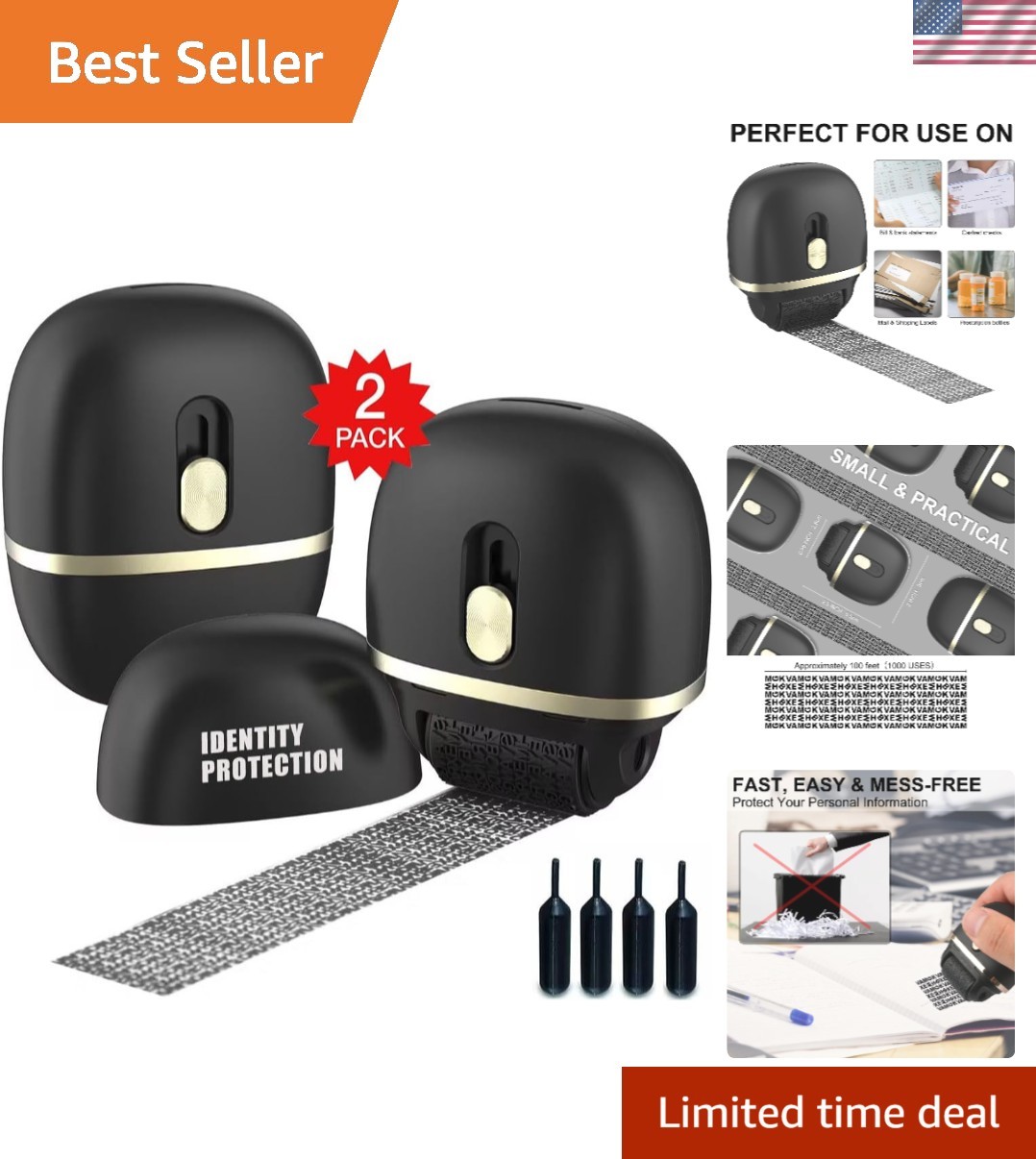 Identity Protection Roller Stamps 2 Pack Black | Confidential Roller Stamp wi...