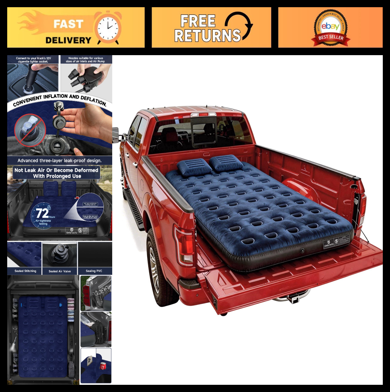 Universal Truck Bed Air Mattress for 5.5-6.8ft Pickup - Camping, Travel, Pump &