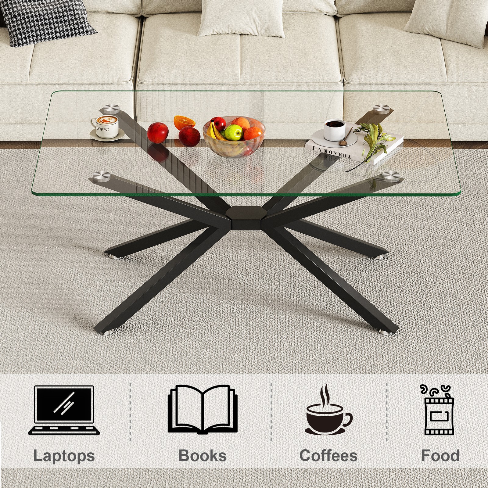 39.37" Rectangular Clear Tempered Glass Coffee Table,Stylish Design with Black