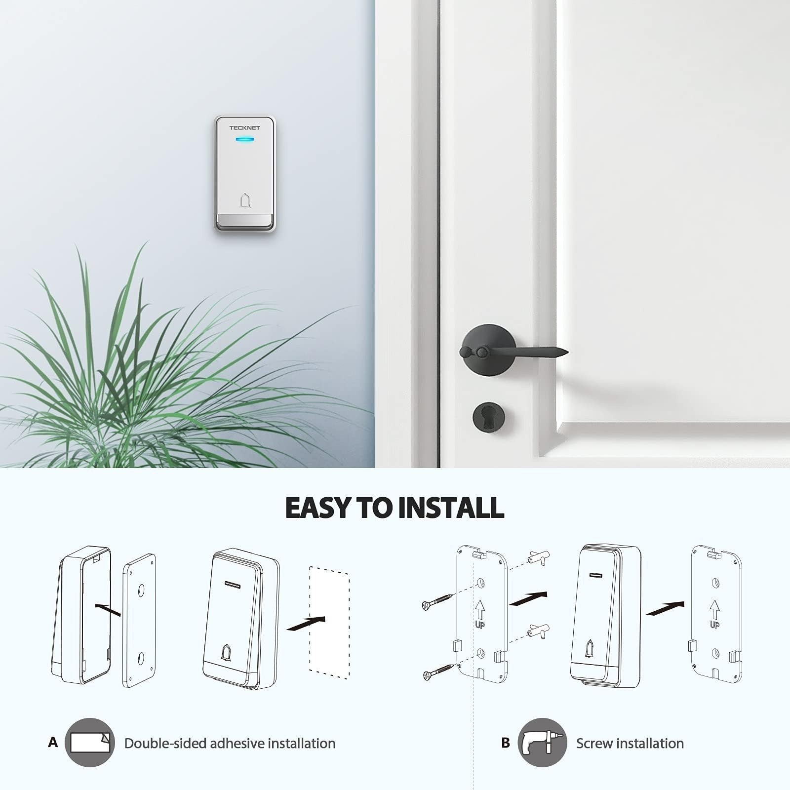 TECKNET Wireless Doorbell, Self-Powered, 1300ft Range, Waterproof