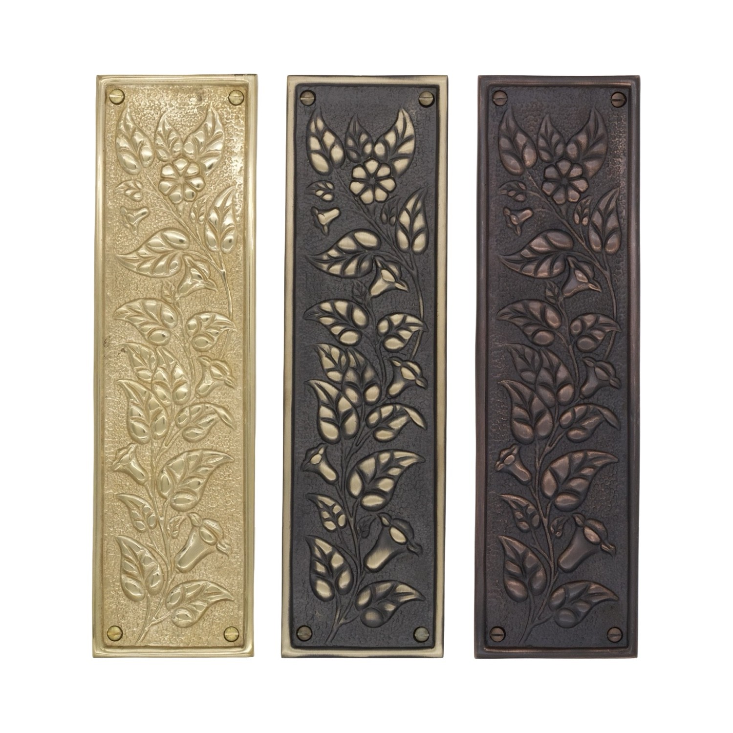 Solid Brass Push Plate with Morning Glory Floral Motif 11 Inches - Choose Finish