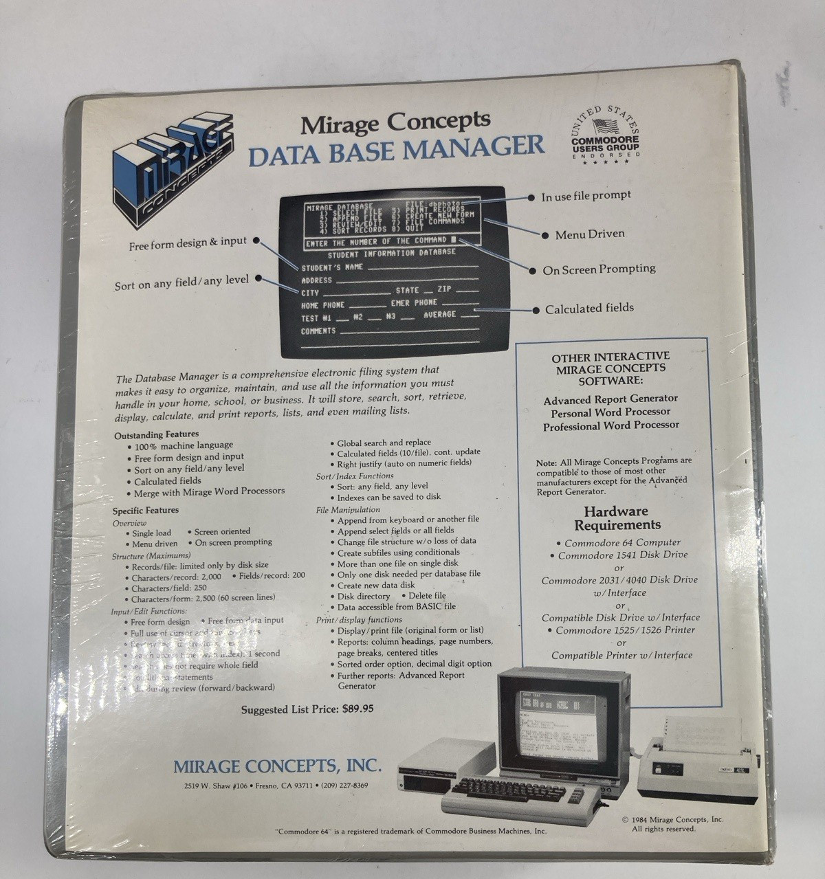 Mirage Concepts Database Manager for Commodore 64- New & Sealed w Free Shipping