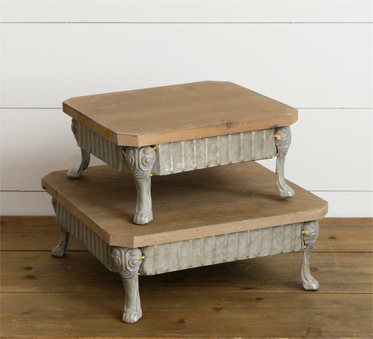 New French Country Farmhouse SET 2 RISER BENCH Shelf Stands Wood With Metal Legs