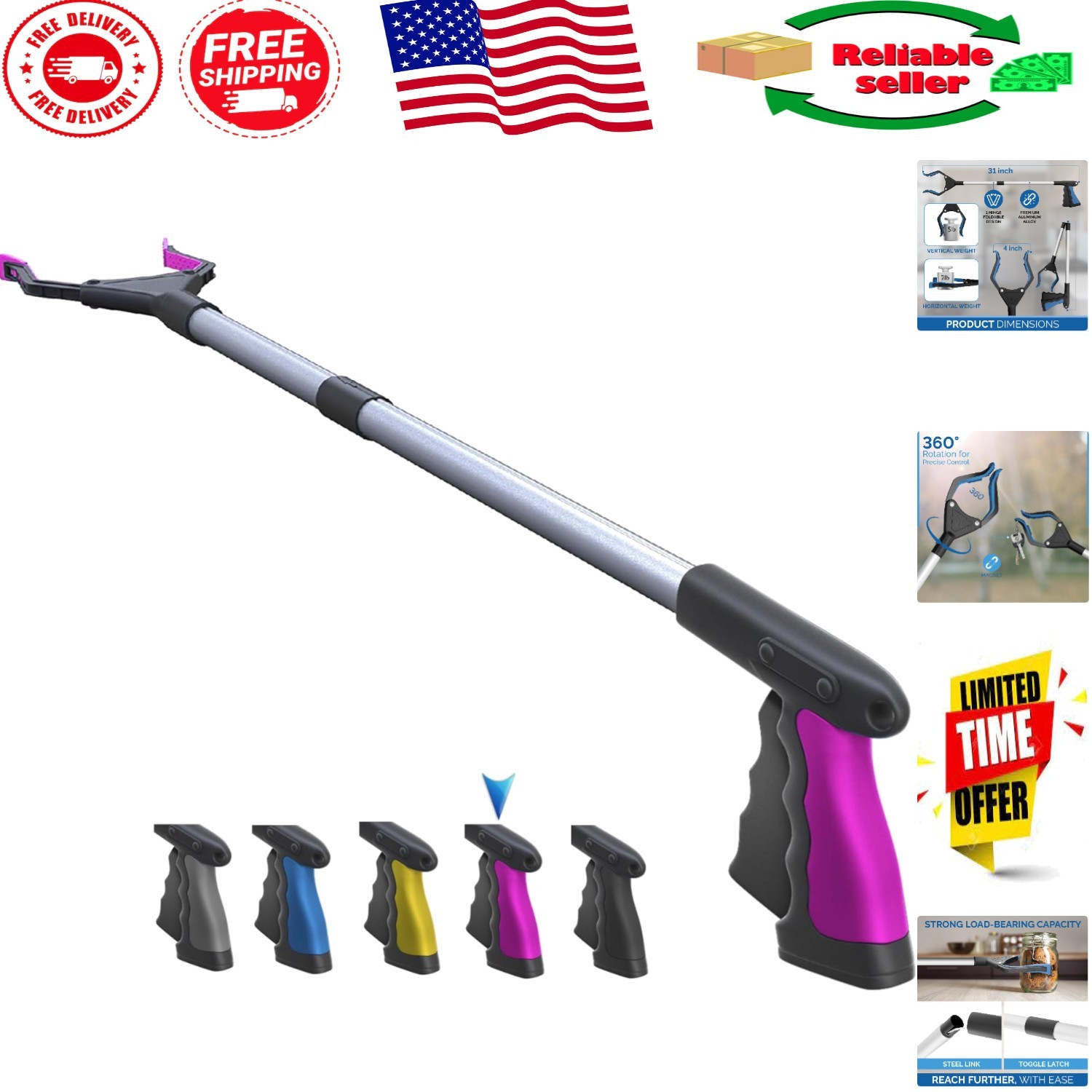 Ergonomic 2025 Grabber Reacher Tool - 32 Inch with Steel Cable and Magnetic Tip