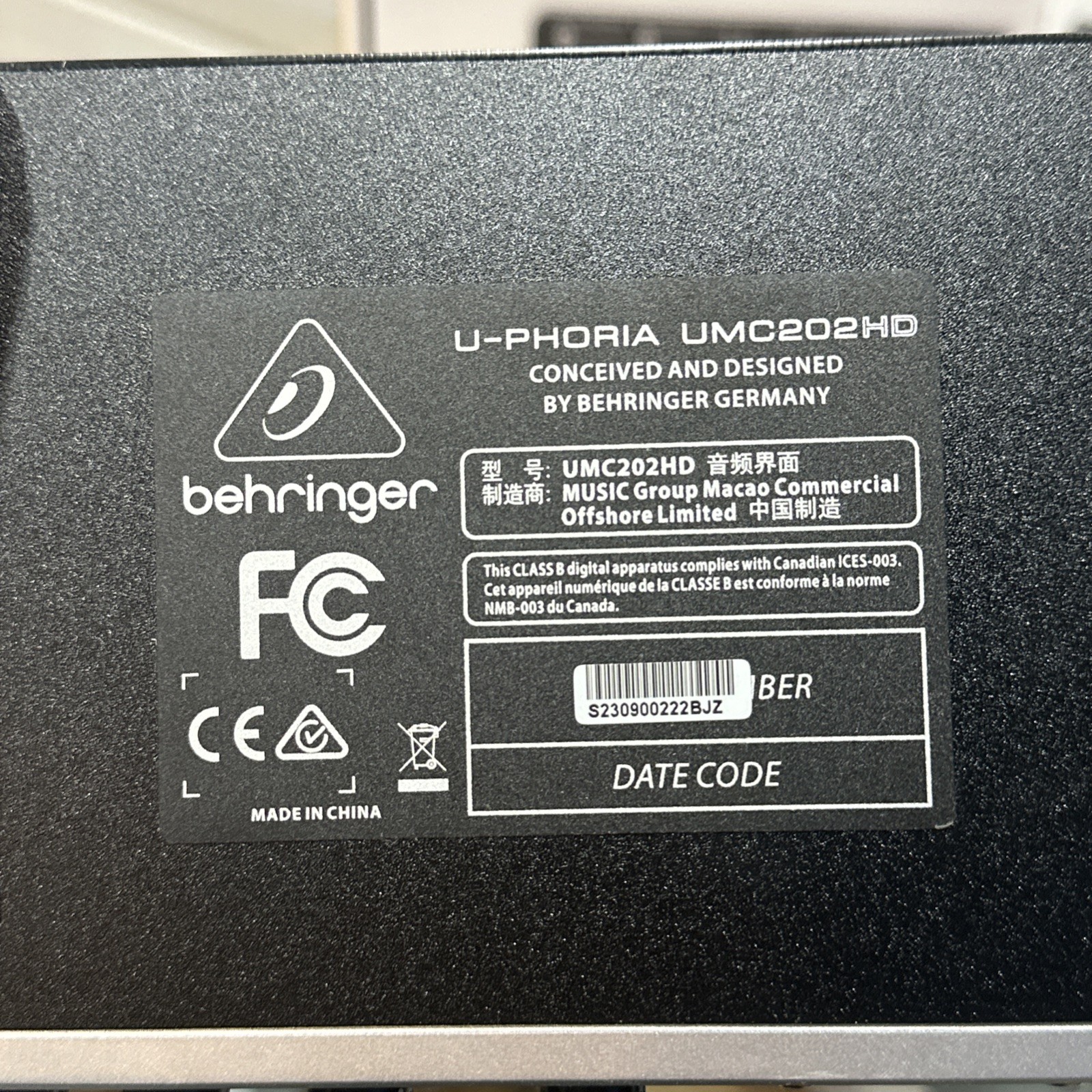 Behringer U‑Phoria UMC202HD USB Audio Interface