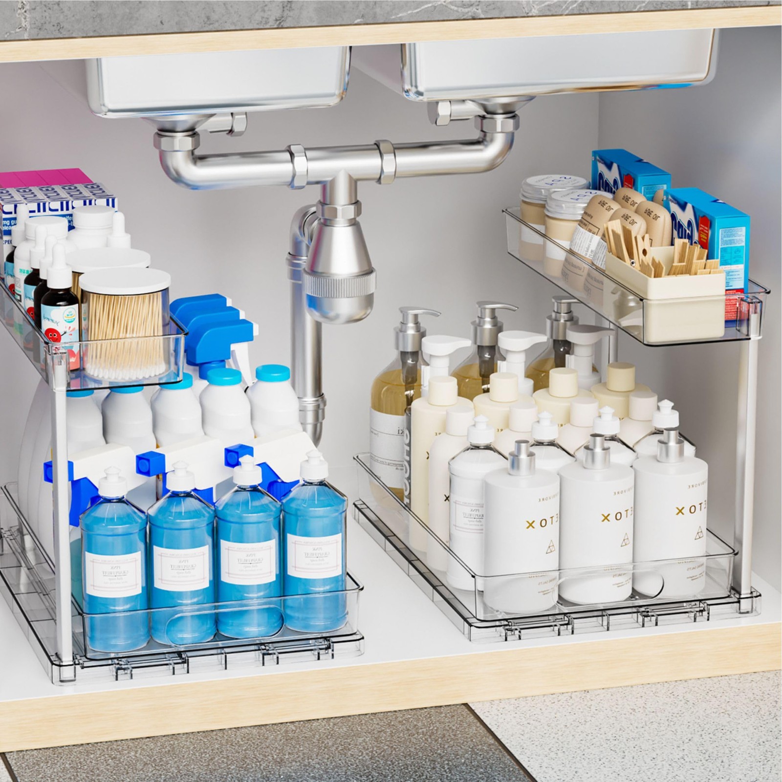 2 Pack 14.6″ Deep Pull Out Under Sink Organizer,10.8″ High 2 Tier Slide Out C...