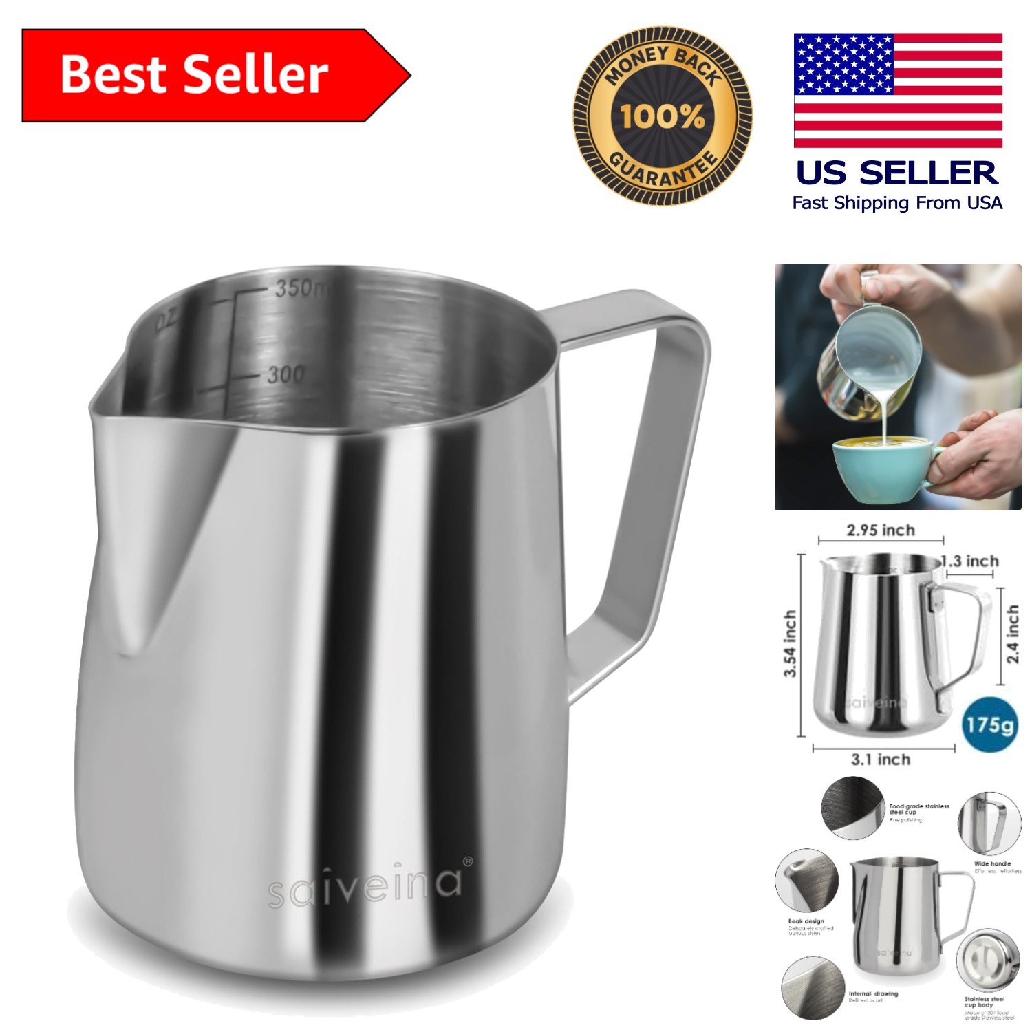 304 Stainless Steel Milk Frother - 12 Oz Portable Pitcher for Cappuccinos