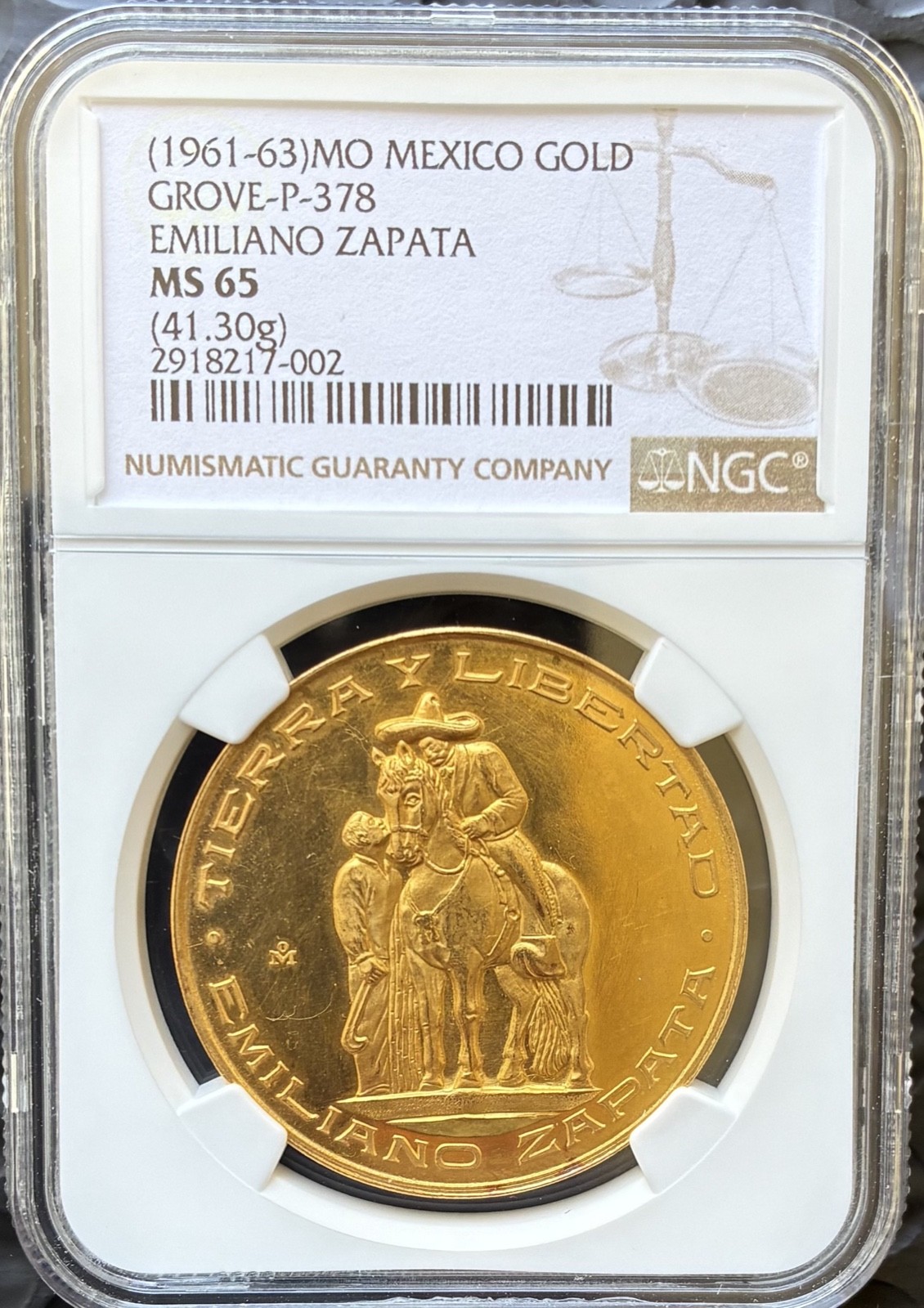 1961-63 MEXICO RARE $50 PESOS GOLD MEDAL EMILIANO ZAPATA NGC MS65