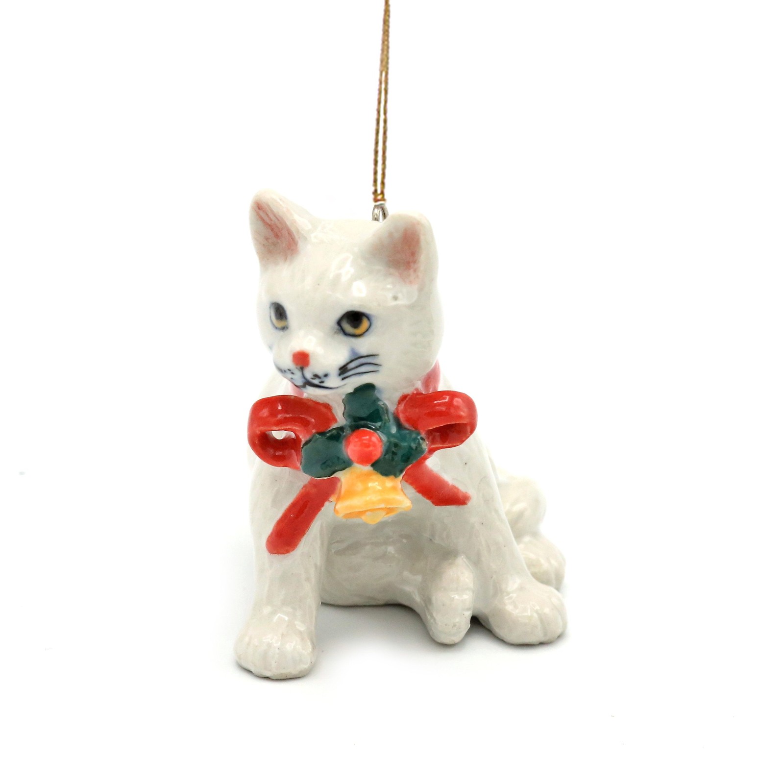 Northern Rose White Kitten with Bell Handmade - Miniature Porcelain Figurine