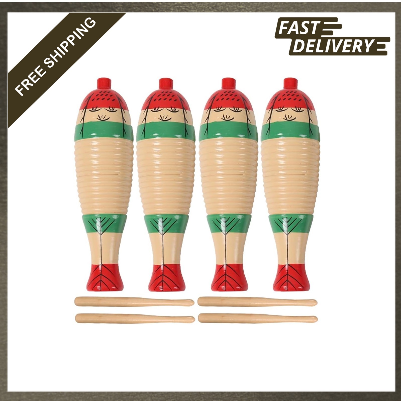 Four Pack Wooden Fish Shaped Guiro Percussion Instruments with Rhythm Sticks for