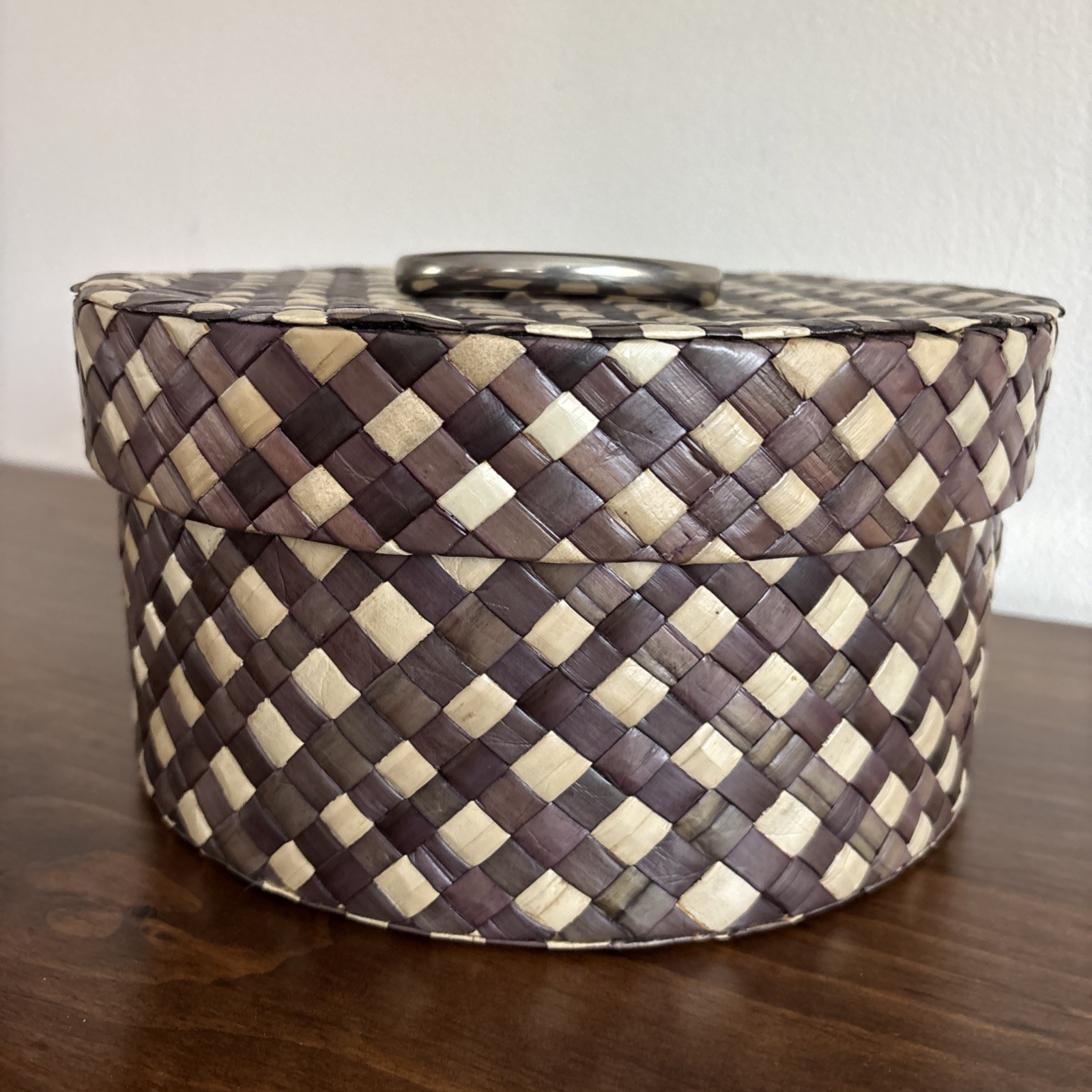 Handwoven Lidded Basket with Handle Checked Pattern