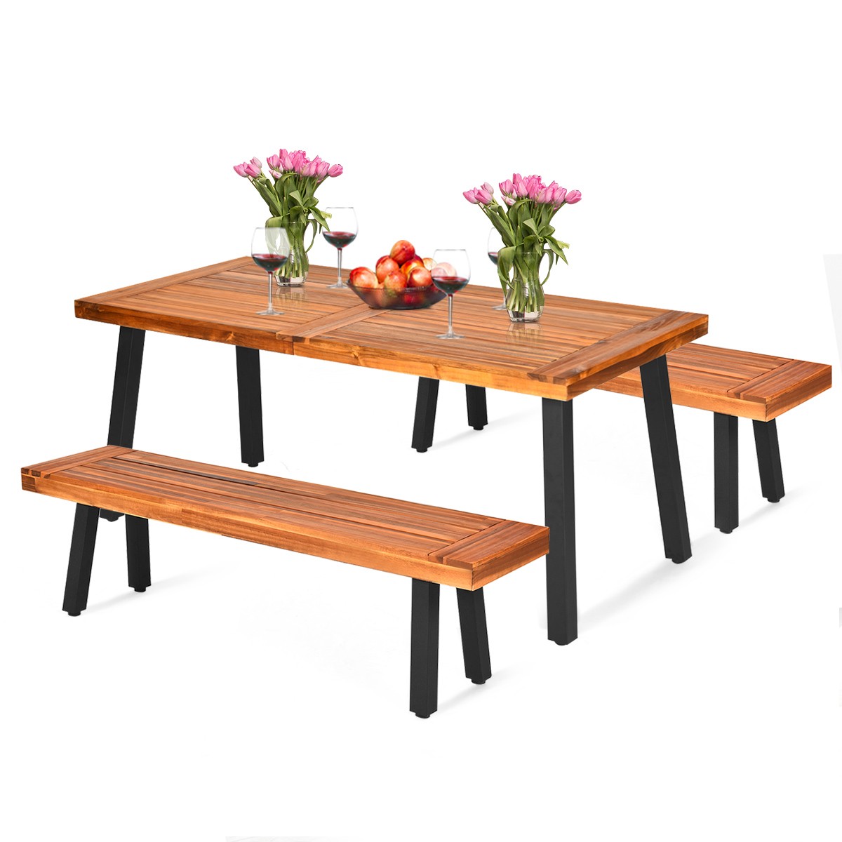 3 PCS Picnic Dining Table Set Durable Acacia Wood Rustic Design w/Umbrella Hole