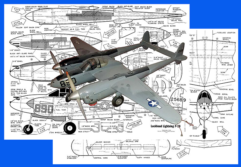 Model Airplane Plans (UC): Lockheed P-38 40" Scale for 2x .14-.23s (Musciano)