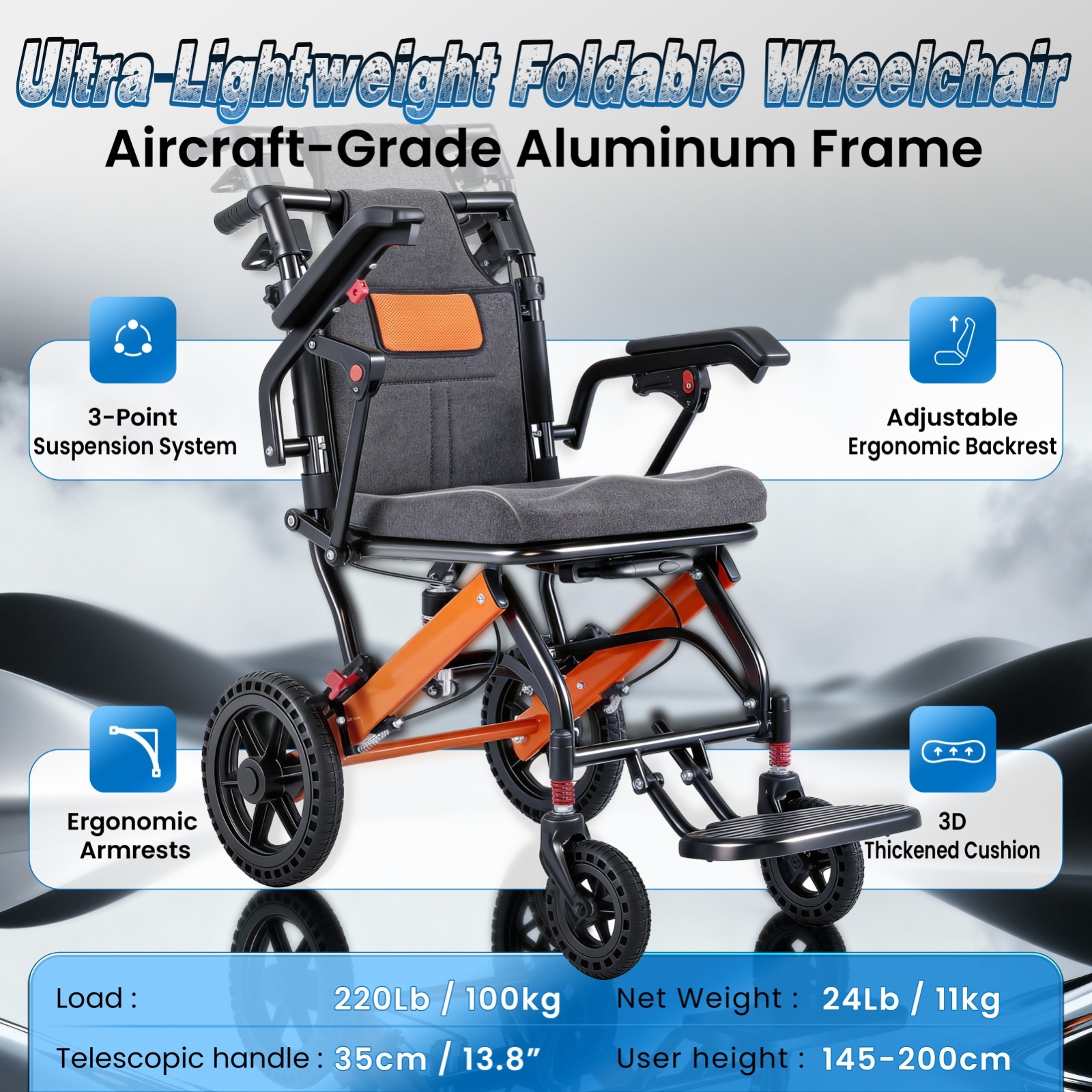 24lbs Lightweight Transport Wheelchair, Adjustable Backrest, Telescopic Handle