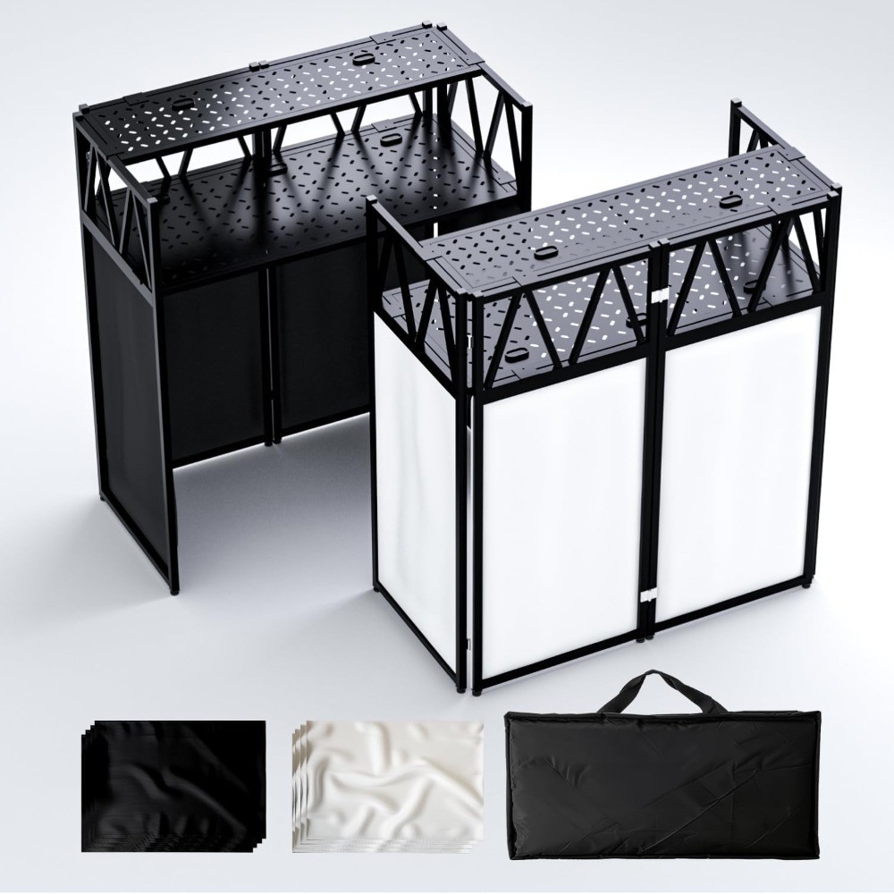 Portable Folding DJ Booth Table 2-Tier Workstation with Cable Management Holes